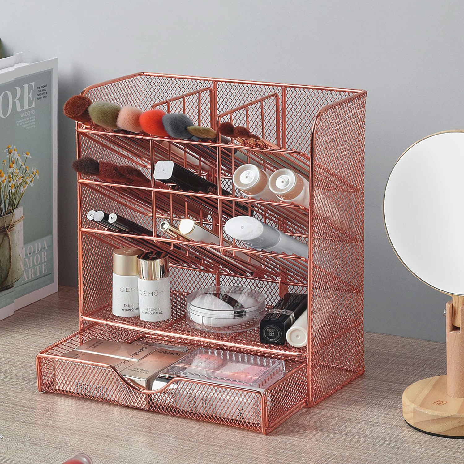 Rose Gold Pen Holder Desk Organizer - 10 Compartments & Drawer for Office & Study