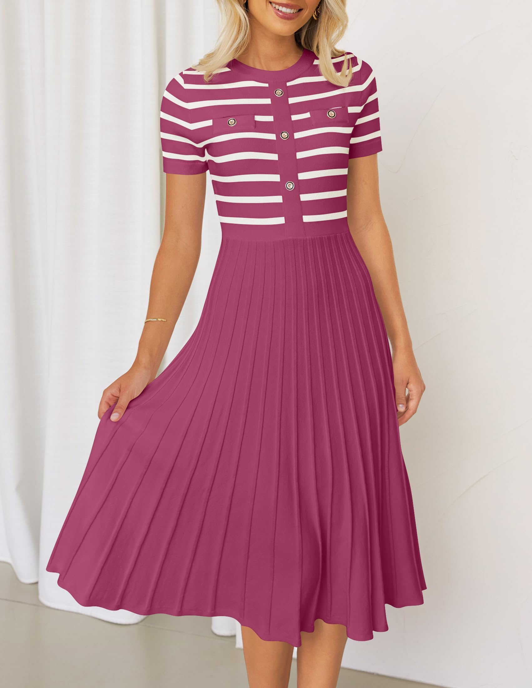 ZESICA Women's 2025 Casual Striped Midi Dress - Crewneck Short Sleeve Button Down Ribbed Knit Swing Pleated A-Line Dress for Spring Summer Office Work Party Vacation