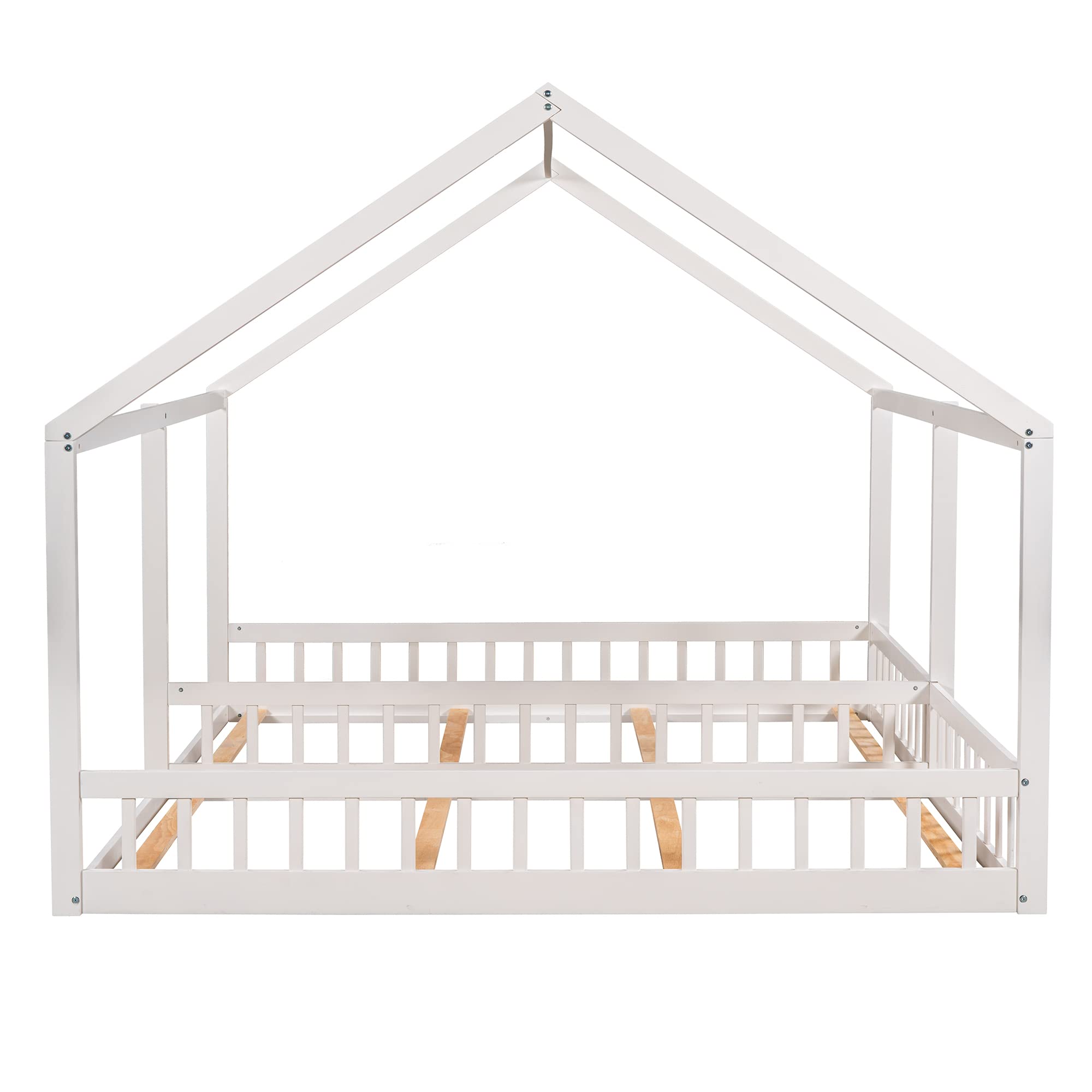 Harper & Bright Designs Solid Wood Twin House Bed with Rails & Roof - Montessori Floor Bed Frame for Kids, Teens, Boys & Girls - Perfect for Bedrooms, Playrooms & Montessori Classrooms (White)