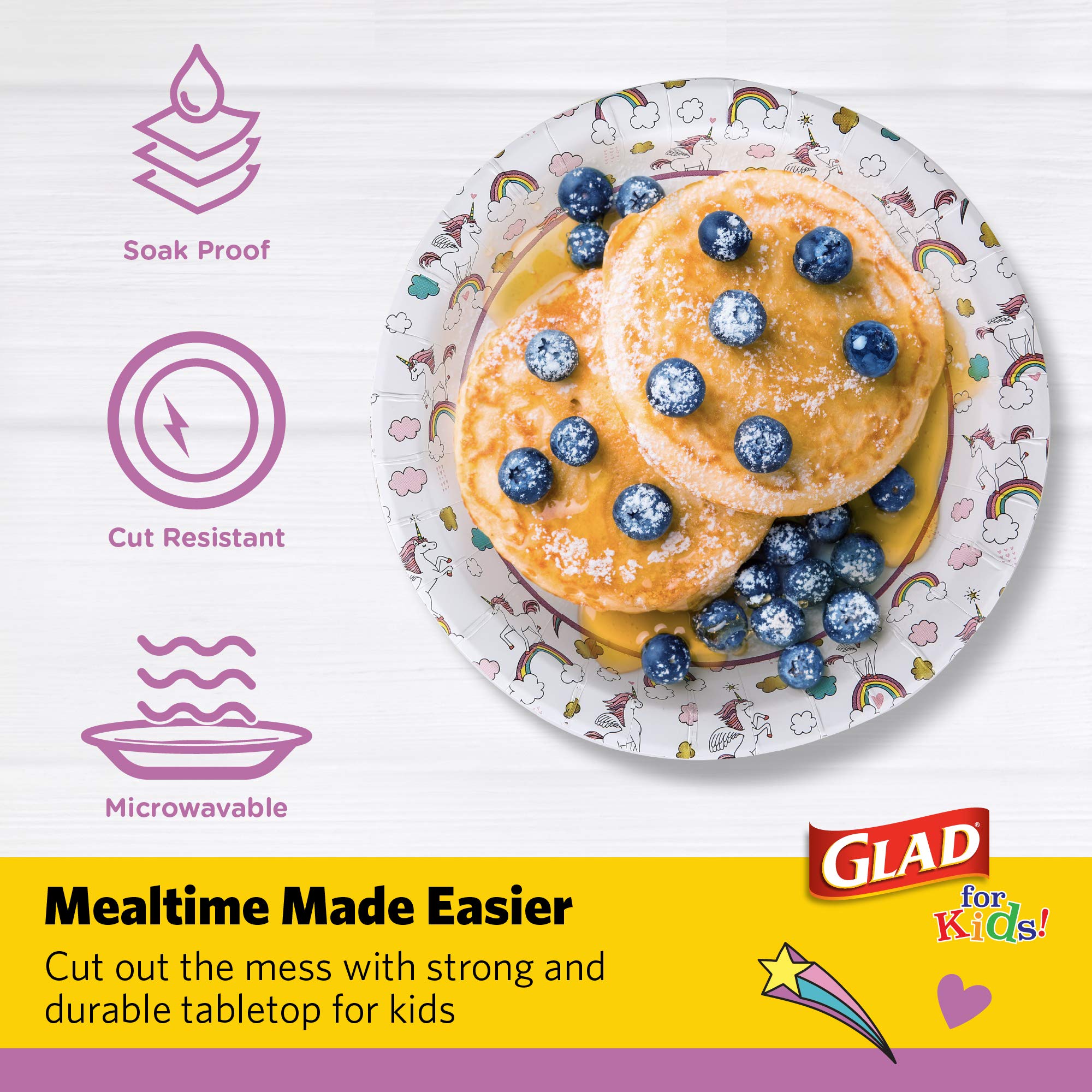 Glad for Kids Unicorns Paper Plates - 8.5 Inch Heavy Duty Disposable Plates with Cute Unicorn Design | Soak Proof & Microwavable Round Paper Plates for Birthday Parties, Picnics & Family Gatherings | 20 Count (Pack of 6)