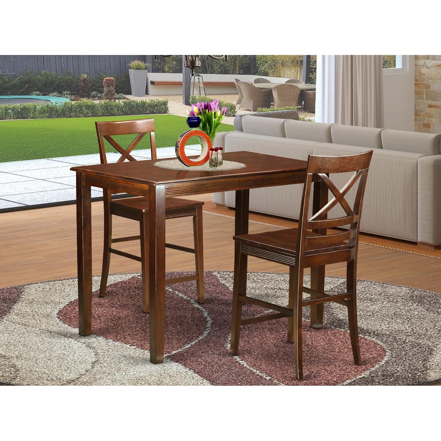 East West Furniture YAQU3-MAH-W 3-Piece Counter Height Dining Set - 30x48 Inch Mahogany Rectangle Kitchen Table with 2 Bar Stools for Small Spaces, Breakfast Nook & Apartment Dining