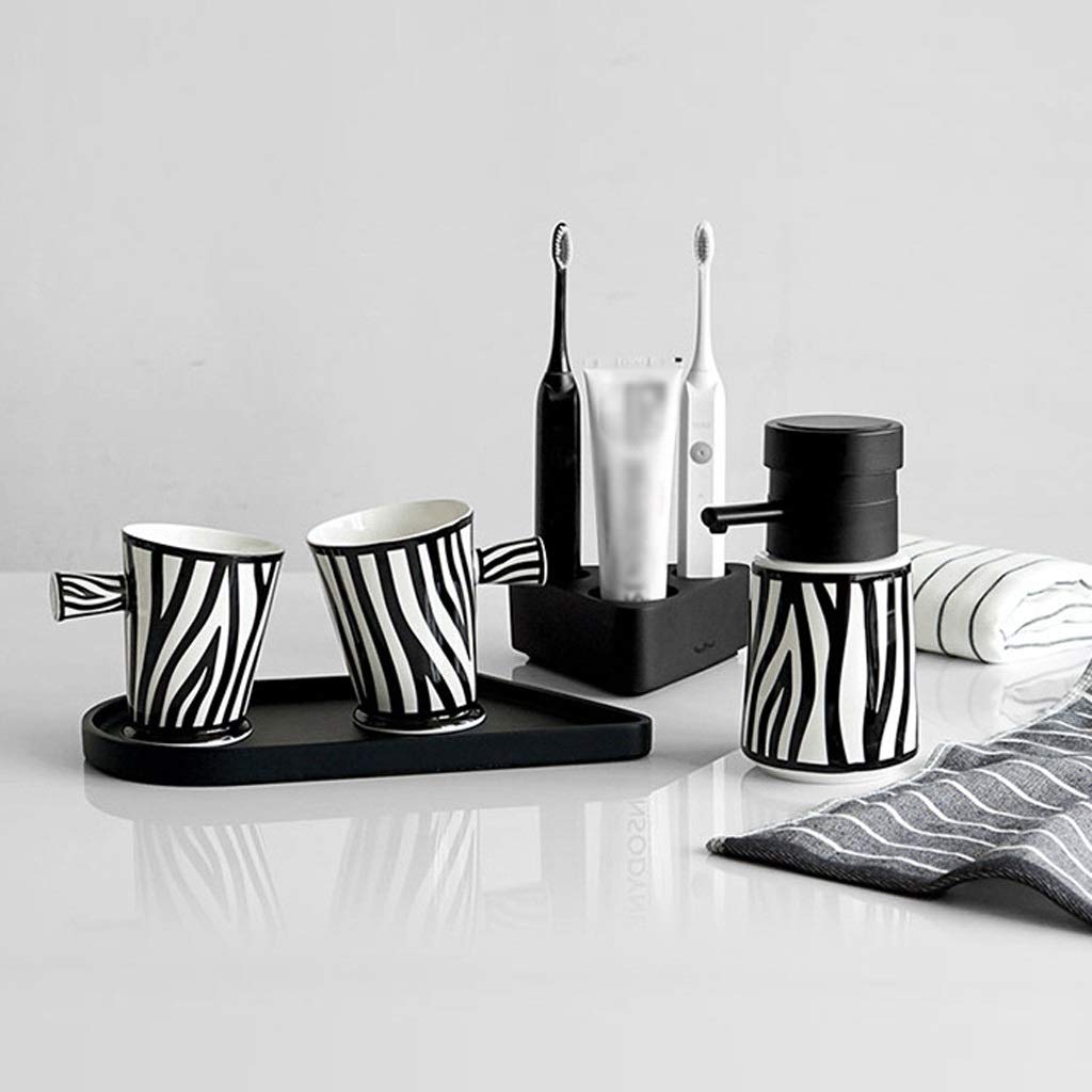 Premium 5-Piece Black & White Striped Ceramic Bathroom Set - Soap Dispenser, Toothbrush Holder, Tumbler & Tray | Refillable Liquid Hand Soap Dispenser | Elegant Bathroom Decor for Home, Hotel & Spa