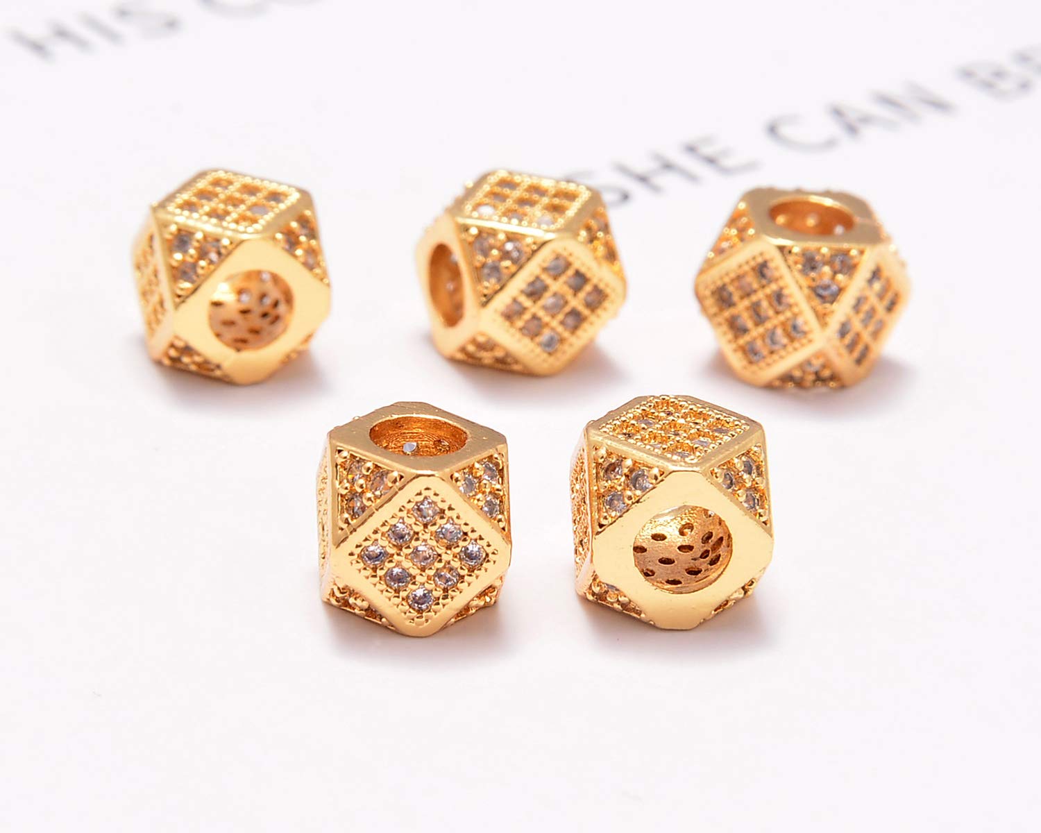 5 Pcs Clear Zircon Pave Rhinestones with Big Hole - 7x7mm Gold Diamond Cut Cube Beads for Jewelry Making, DIY Crafts, and Fashion Accessories