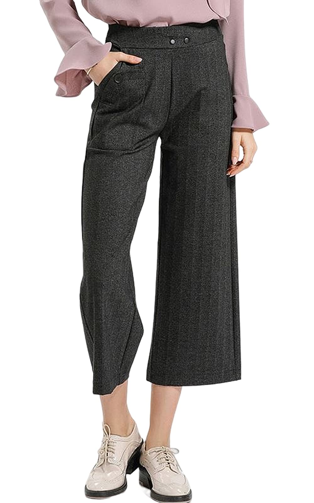 Gowani Women's High Waist Wide Leg Cropped Pants - Gray & Black Casual Office Pants for Work, Business, and Everyday Wear