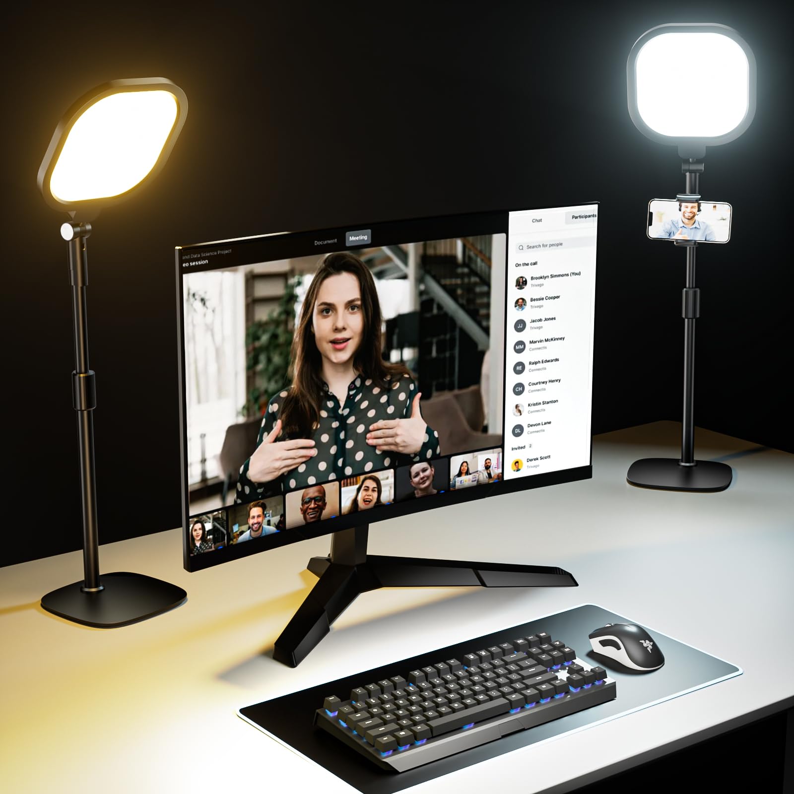 2 Packs Professional Video Conference Lights for Zoom/Teams/Webex Meetings - LitONES Podcast Lighting Kit with Stand & Phone Holder, CRI 97.8 - Perfect for Home Office, Remote Work & Content Creation