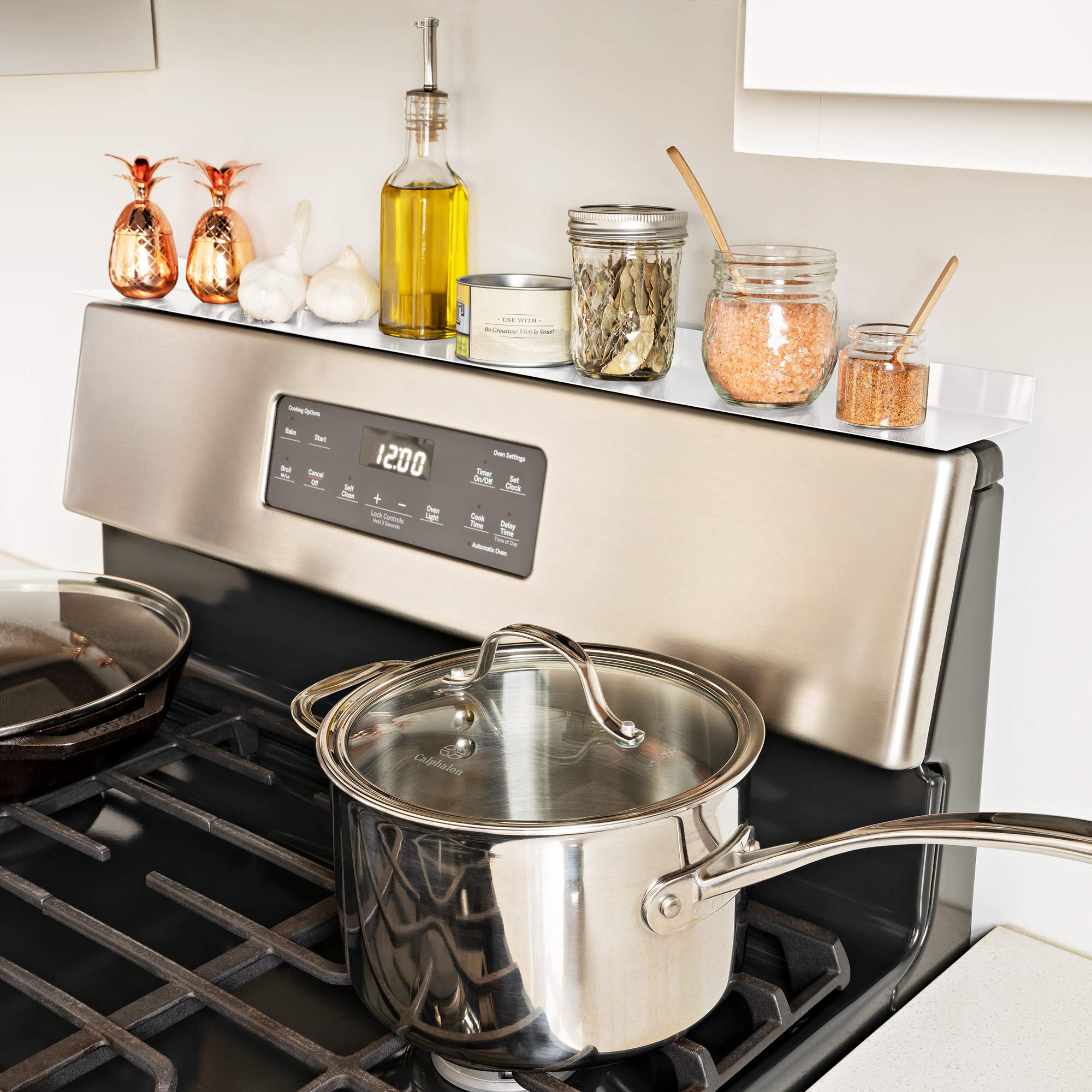30-Inch Magnetic Stove Top Shelf - Kitchen Organizer for Spices & Utensils | Over Oven Range Storage | Easy Install White Stovetop Shelf | Perfect for Small Kitchen Organization & Cooking Space Saving