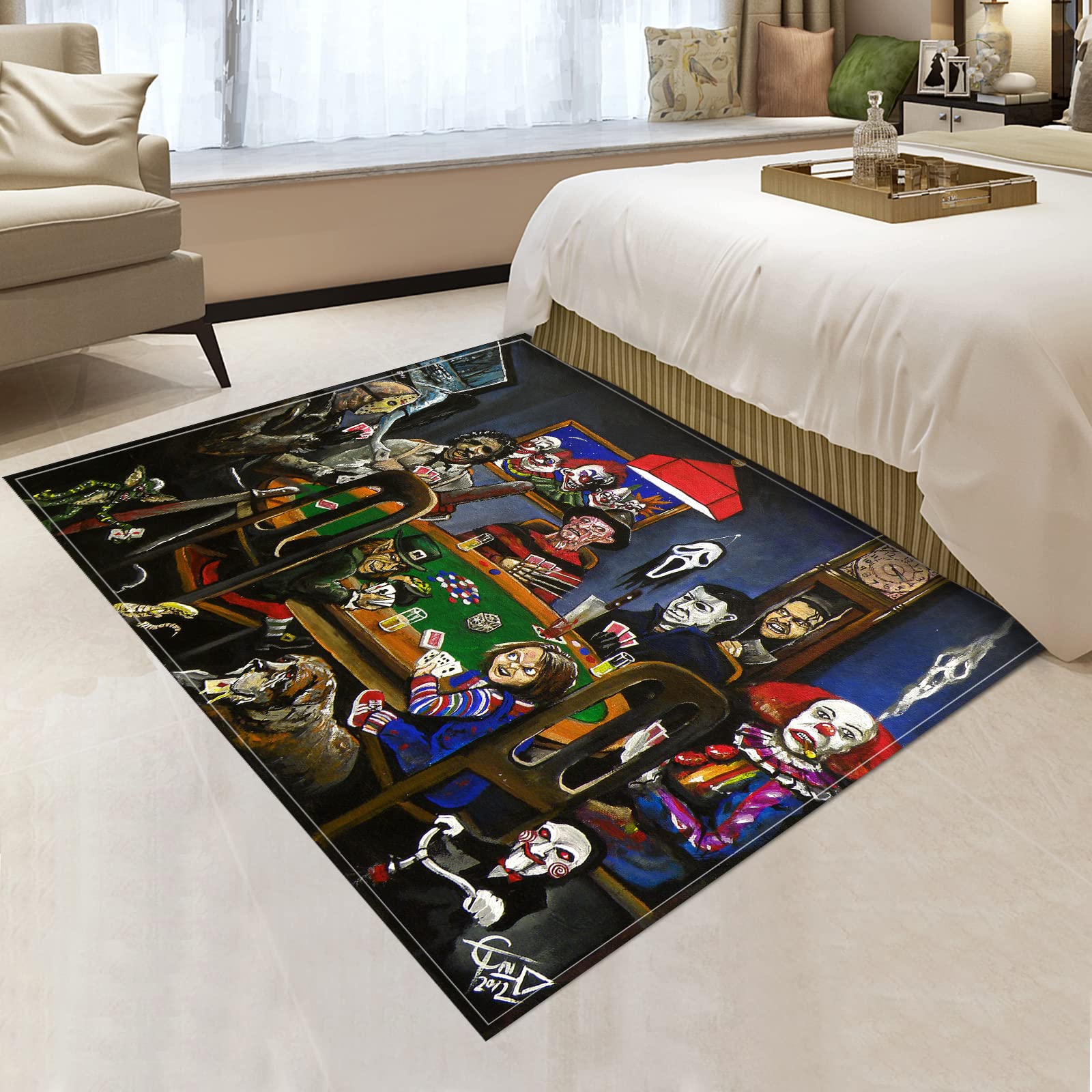 3x5 ft Horror Movie Characters Play Poker Funny 3D Rug - Non-Slip Polyester Flannel Floor Mat for Living Room, Bedroom & Entryway - 36x60 Inch Home Decor Door Mat - Perfect for Halloween Decor & Movie Lover Gifts