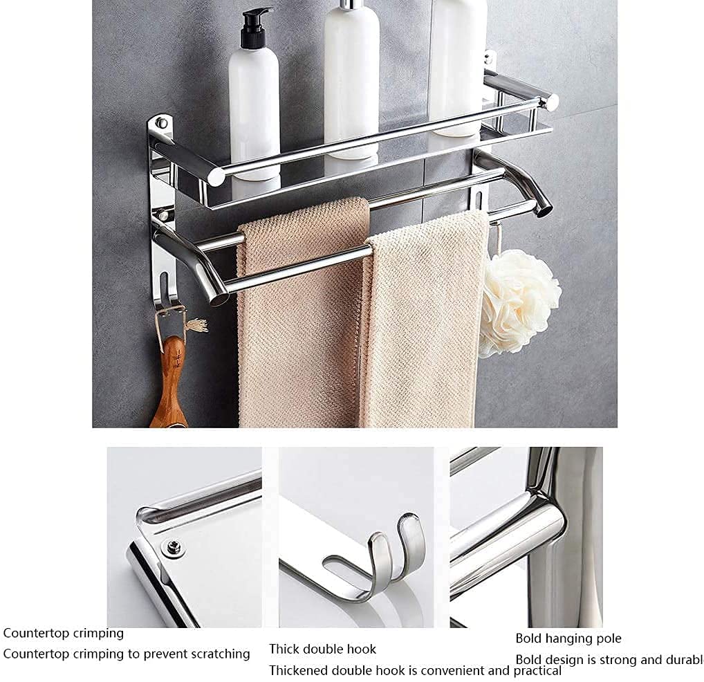 2-Tier Chrome Wall Mounted Bathroom Towel Holder with Hooks - 60cm Space Saving Towel Rack for Bath, Kitchen & Laundry Room Organization