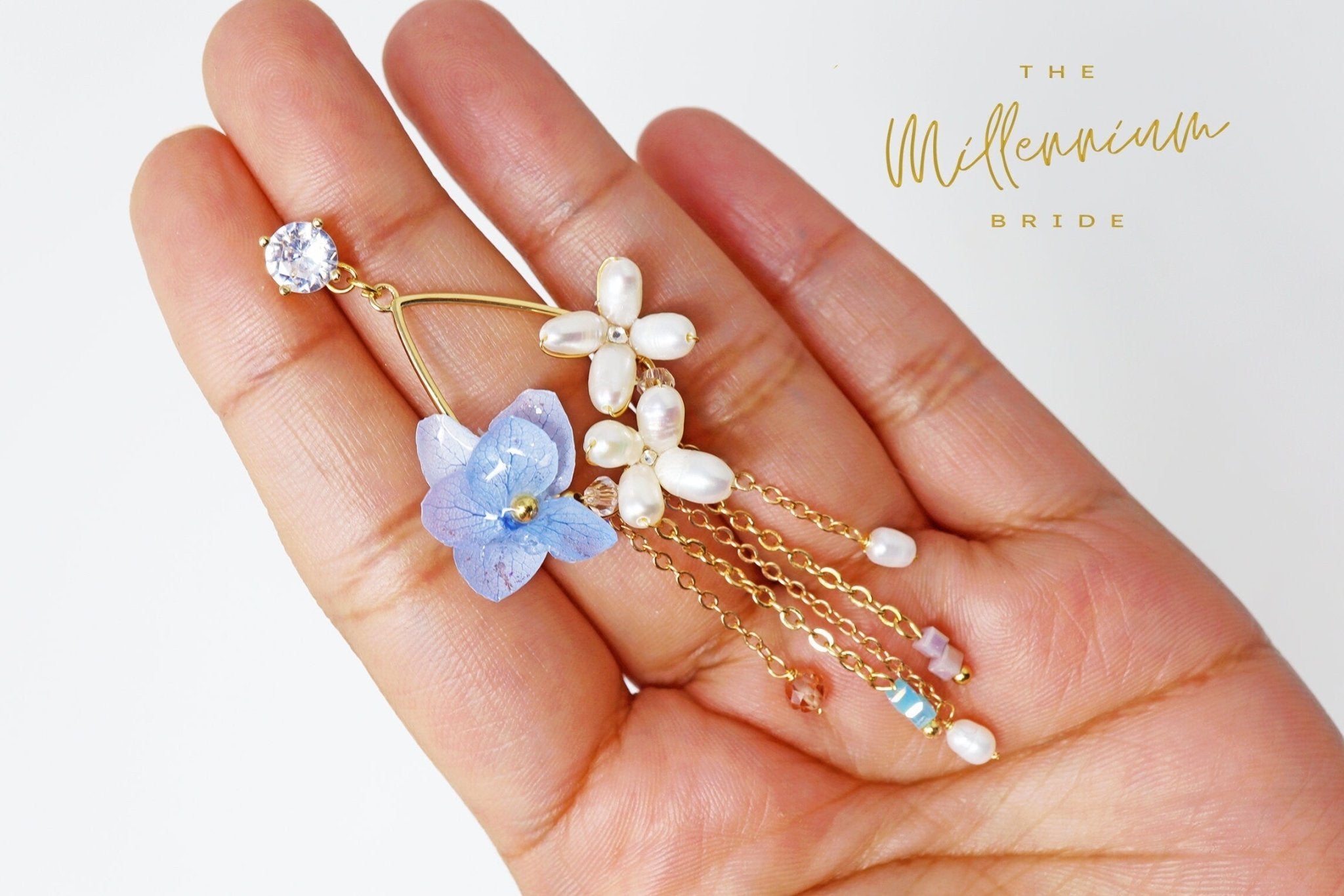 Blue White Freshwater Pearl Crystal Earrings – Elegant Bridal Jewelry with CZ Stones | Perfect for Weddings, Prom & Special Occasions