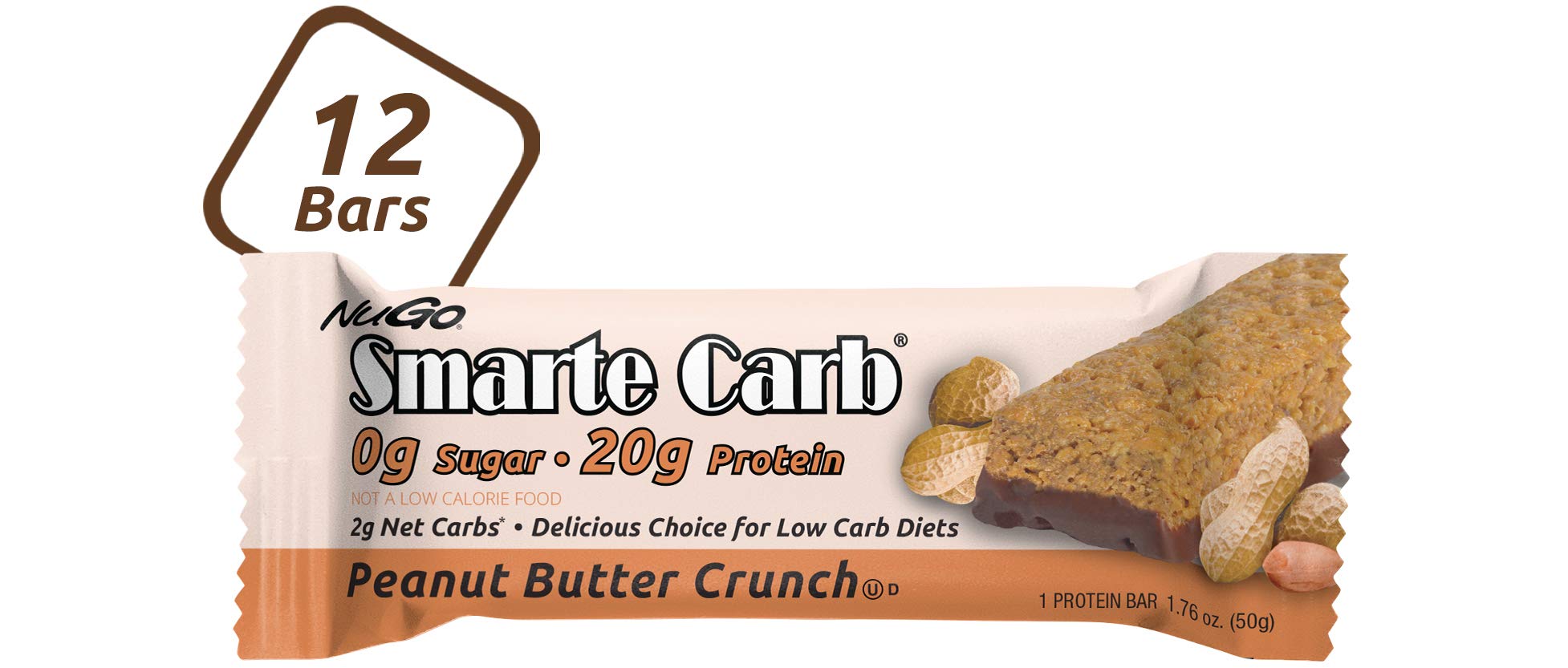 NuGo Smarte Carb Peanut Butter Crunch Protein Bar - 20g Protein, 0g Sugar, Low Carb (2g Net Carbs), 160 Calories, 12 Count - Perfect for Keto Diet, Weight Loss & Post-Workout Recovery