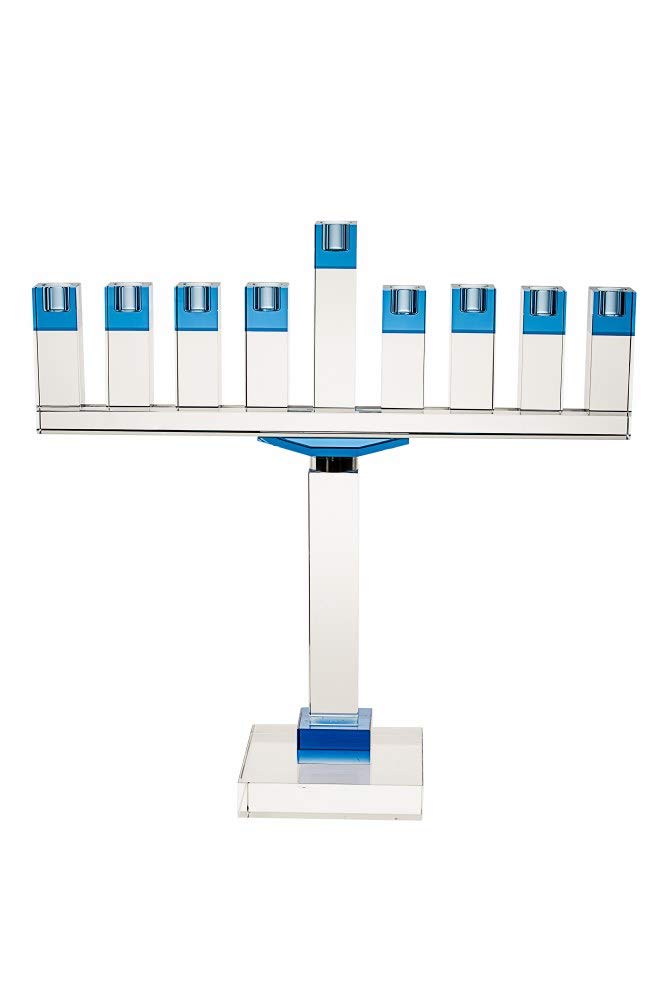 Blue Crystal Candle Menorah for Hanukkah - 19 Inch Rectangle Hanukiah with Accent Top - Holds Standard Hanukkah Candles - Perfect for Jewish Holiday Decor & Home Celebration