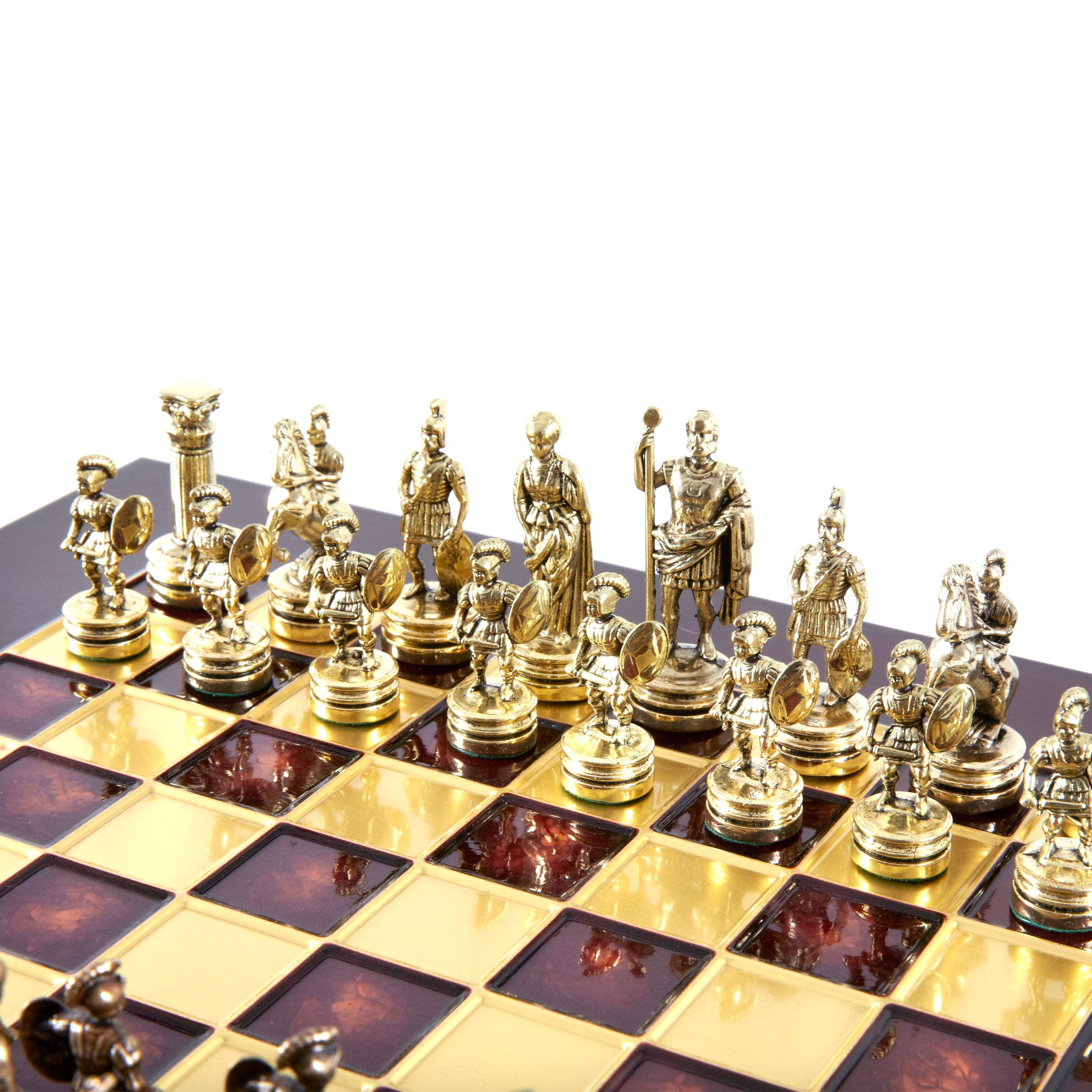 Greek Roman Army Chess Set - Brass & Copper Pieces with Red Wooden Board - Perfect for Collectors, Home Decor, and Strategy Game Lovers