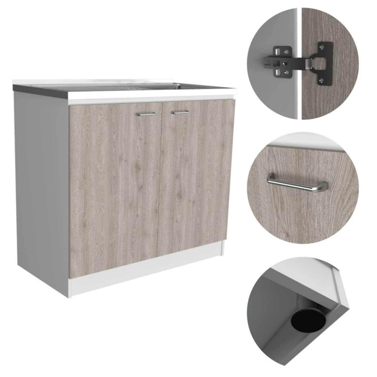 Salento Freestanding Bathroom Sink with Double Door Storage Cabinet - 2 Adjustable Shelves, White/Light Gray Finish - Perfect for Small Bathrooms, Powder Rooms & Laundry Areas