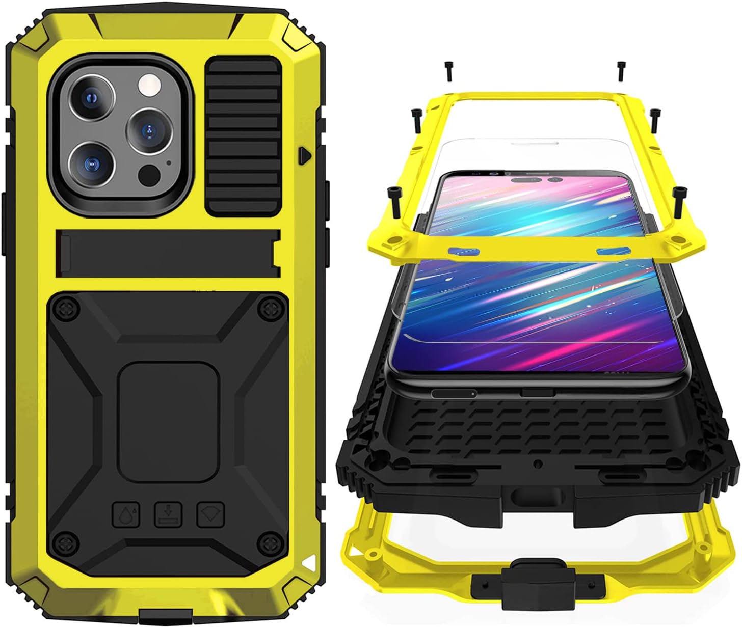 Simicoo iPhone 14 Plus Case with Screen Protector & Camera Protector - Shockproof, Dustproof Metal Cover in Yellow - Perfect for Outdoor Activities & Daily Protection
