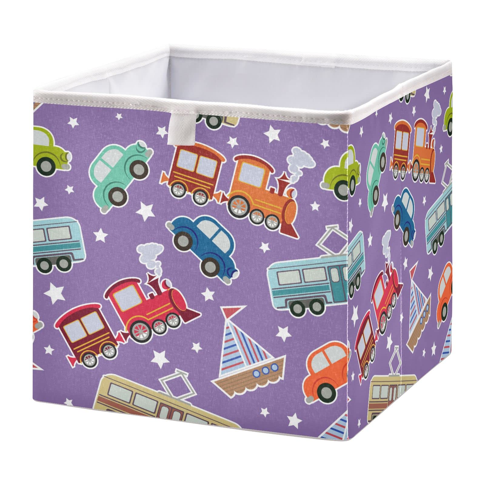 Ollabaky Cartoon Train Boat Cars Foldable Fabric Storage Cube Bin with Handle - Closet, Nursery, Toy Organizer for Kids' Room & Playroom Storage Solutions