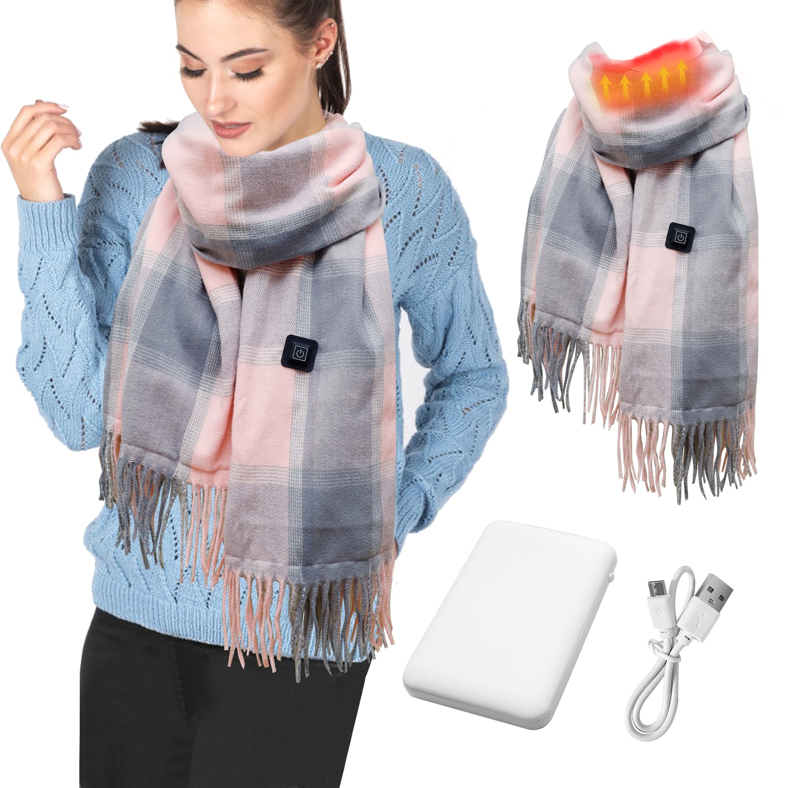 Vopekumo Electric Heated Scarf for Women & Men - USB Rechargeable Winter Scarf with 5000mAh Power Bank - Plaid Pattern Heated Wrap for Outdoor Activities, Skiing, and Cold Weather Commuting
