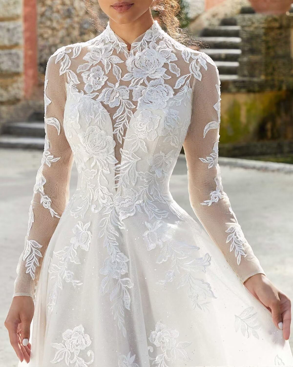 Elegant Long Sleeve High Neck Lace Wedding Dress for Bride - A-Line Tulle Gown with Train & Applique Details | Perfect for Church, Beach, and Formal Wedding Ceremonies
