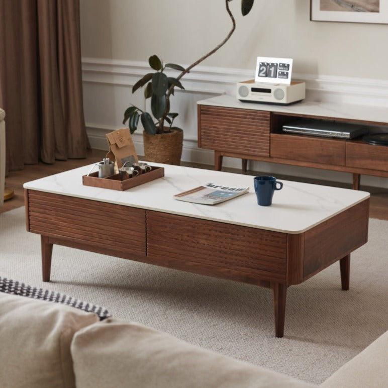 Handcrafted Black Walnut Coffee Table with Natural Slate Top - Rustic Modern Living Room Furniture for Home Decor