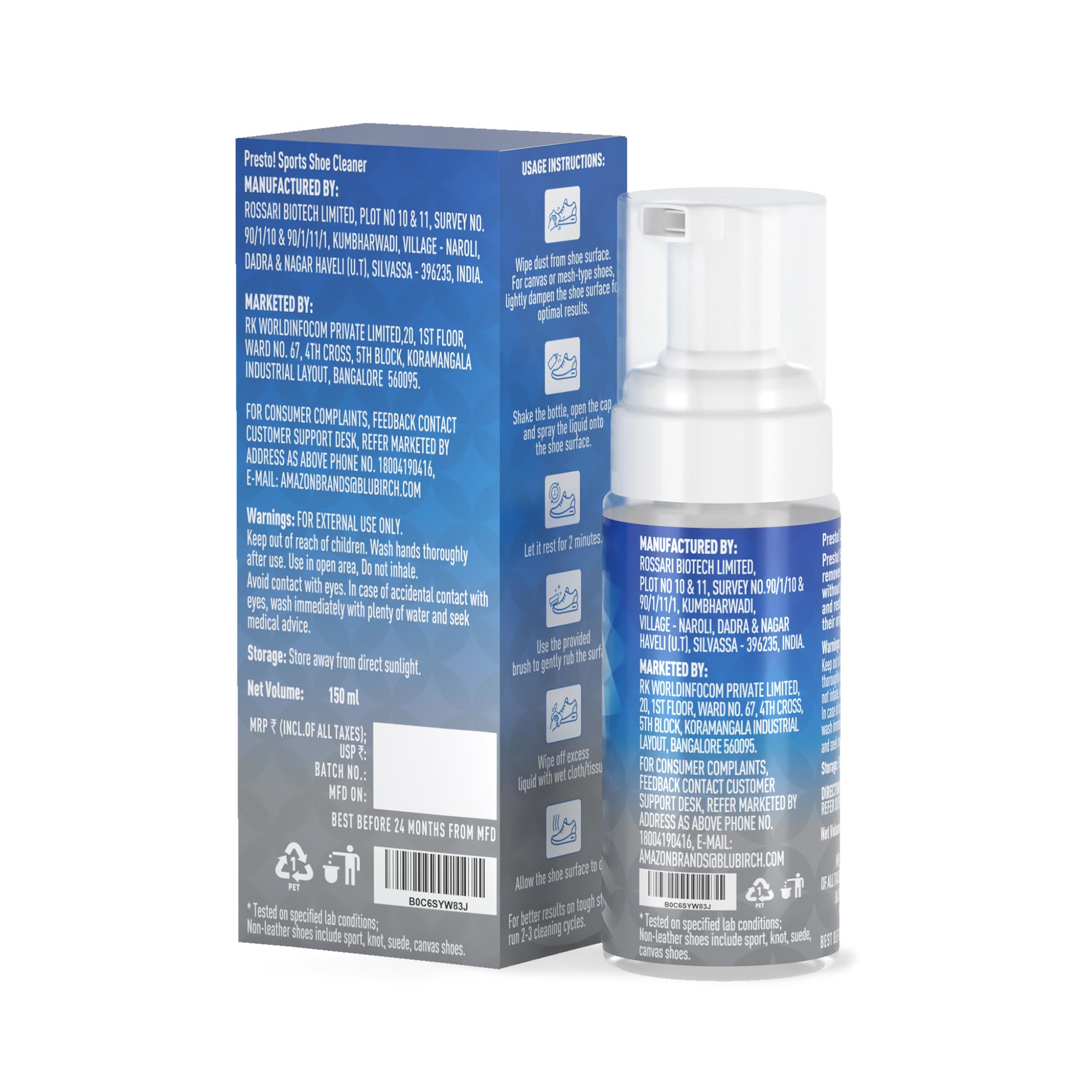 **Presto! Sports Shoe Cleaner with Brush – 300ml & 150ml x 2 Packs – Non-Leather Shoe Cleaner for Sneakers, Rubber & Canvas Shoes – Foam Spray Removes Tough Stains – Perfect for Gym, Running & Casual Wear**