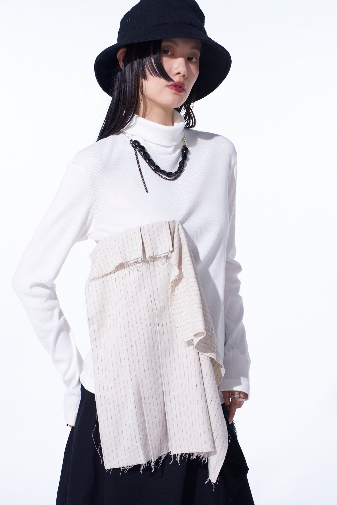 Premium Cotton Rib Jersey Long Sleeve High Neck T-Shirt with Pleated Stripes - Women's Fashion Basic Top for Casual Wear & Layering