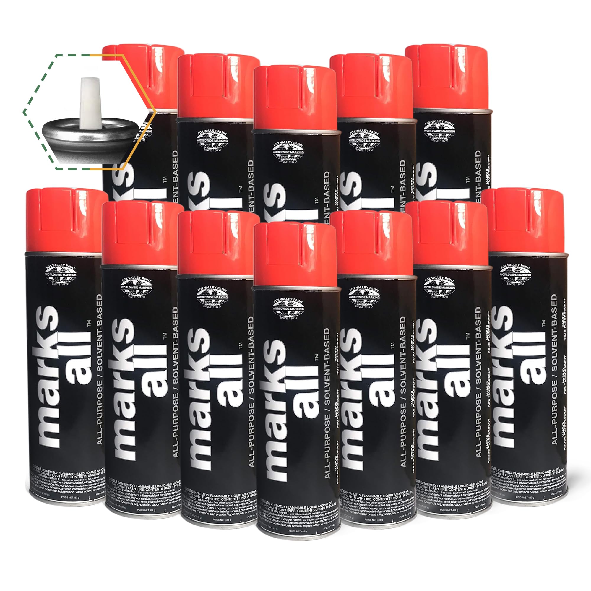 Fox Valley Marks All Utility Marking Paint Spray Can - 18 oz (Pack of 12) Red Fluorescent - Professional Lawn, Tree, Driveway & Parking Lot Marking Paint for Landscaping, Construction & Property Maintenance