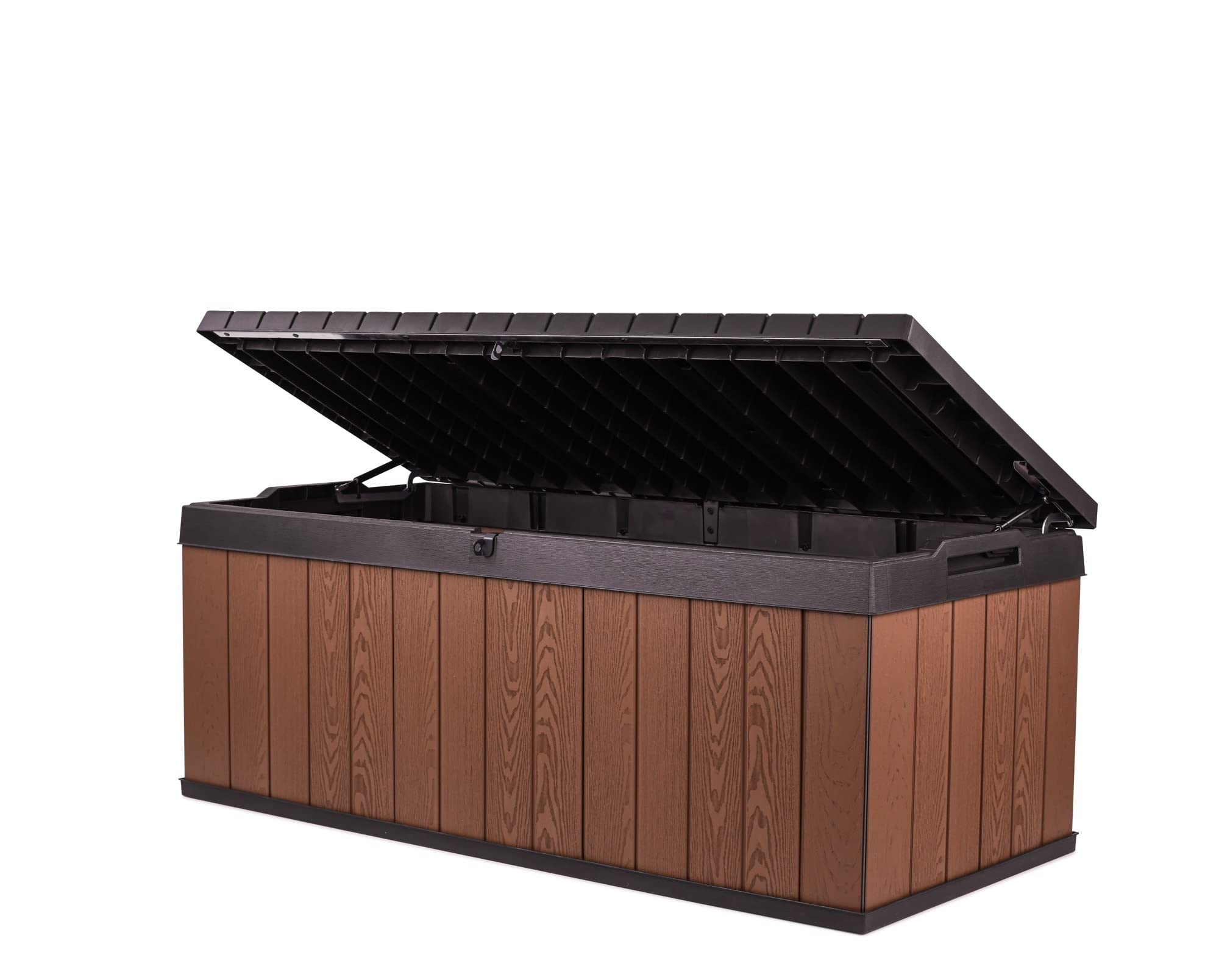 Keter Darwin 100 Gallon Resin Deck Box - Outdoor Storage Solution for Patio Furniture, Garden Tools & Cushions (Brown & Black) - Perfect for Backyard, Poolside & Deck Organization