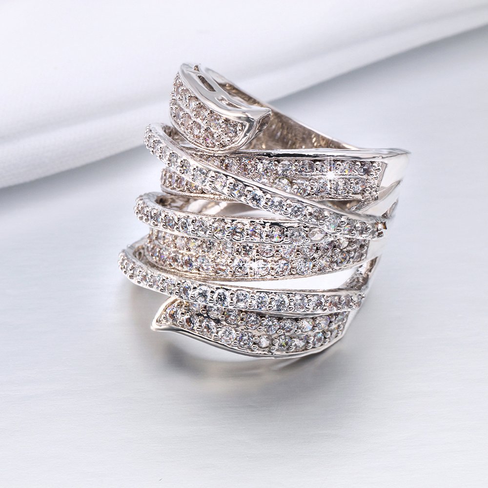 Rhodium Plated Cubic Zirconia Wide Band Cocktail Ring for Women - Elegant Statement Jewelry for Parties, Weddings & Special Occasions
