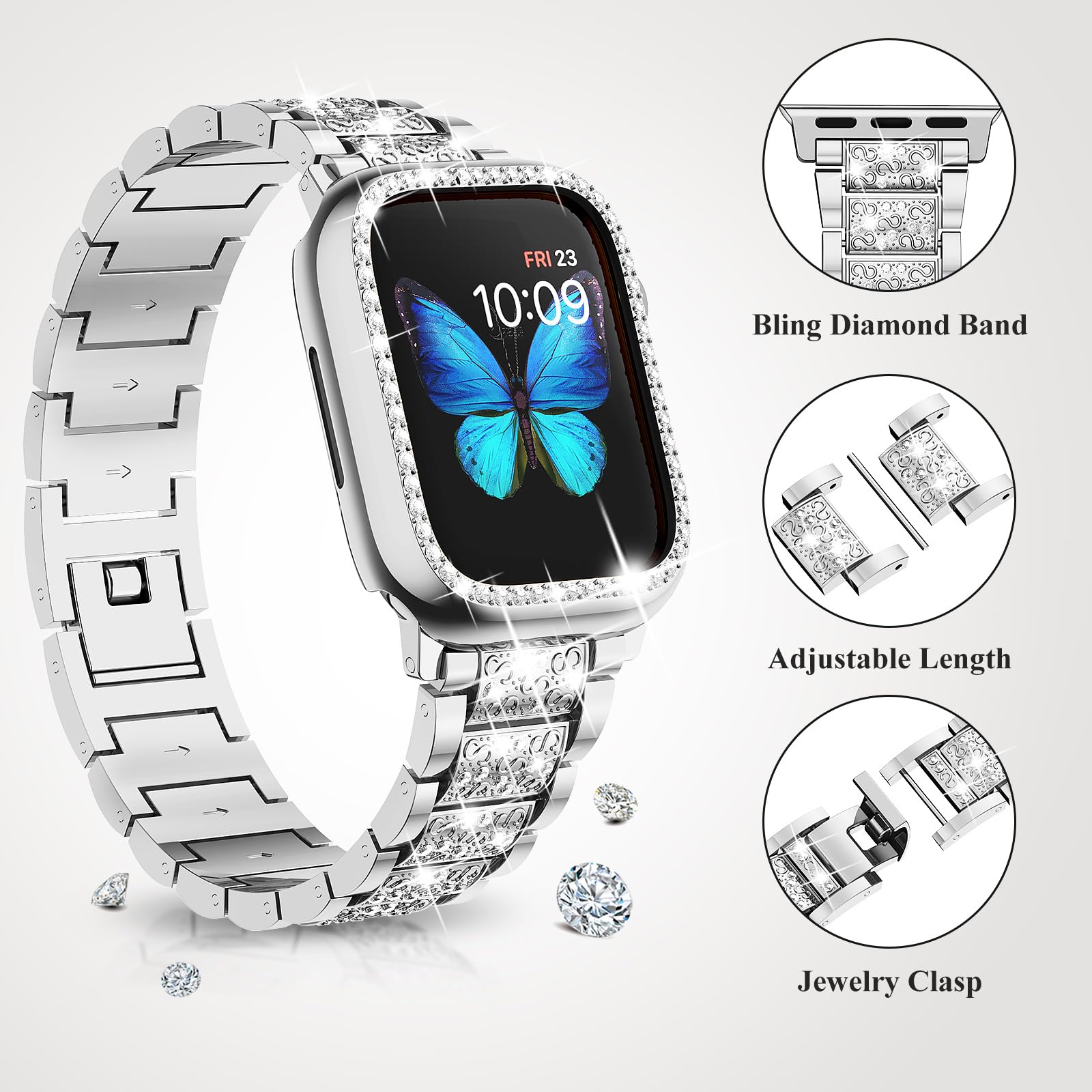 SUPOIX Luxury Bling Diamond Metal Band & 2 Pack Protective Case for Apple Watch Series 9/8/7 45mm - Elegant Jewelry Watch Strap for Women with Durable Cover (Silver) | Perfect for Daily Wear, Workouts & Special Occasions
