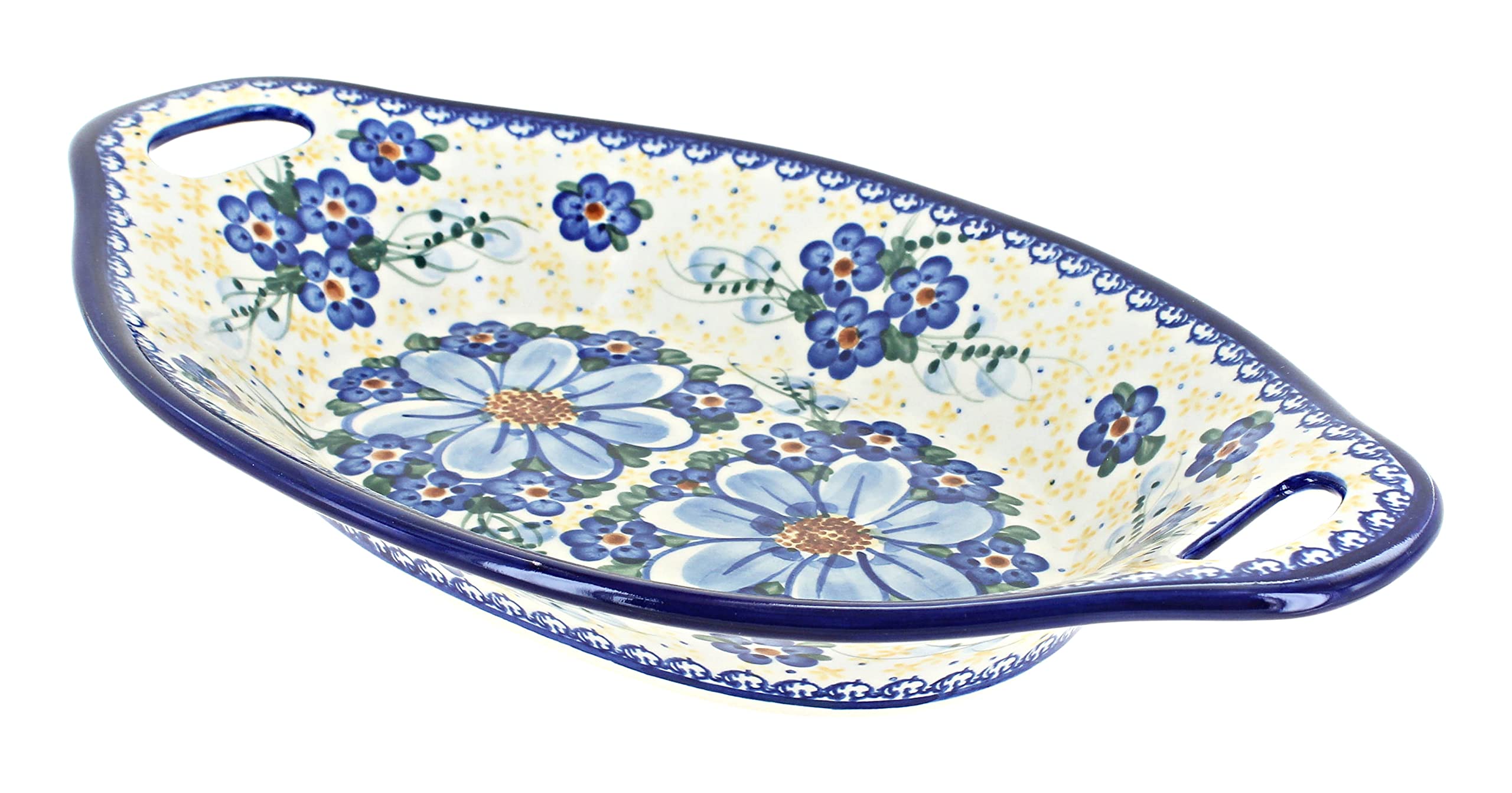 Handmade Blue Rose Polish Pottery Daisy Bread Tray with Handles - Rustic Farmhouse Serving Platter for Breakfast, Brunch & Tea Parties - Perfect for Artisan Breads, Pastries & Charcuterie Boards