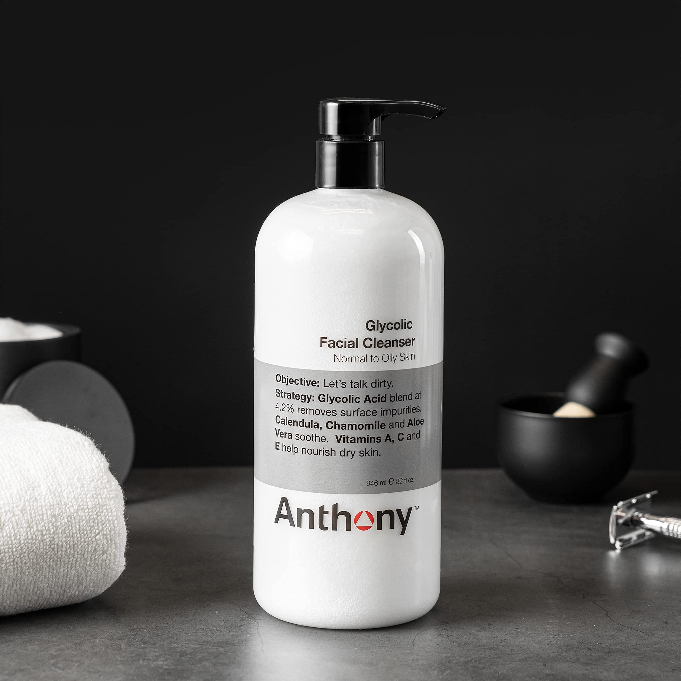 Anthony Glycolic Facial Cleanser for Men - 32 Fl Oz Exfoliating Face Wash with Witch Hazel Toner | Gentle Cleansing for Acne-Prone Skin | Daily Skincare Routine for Men