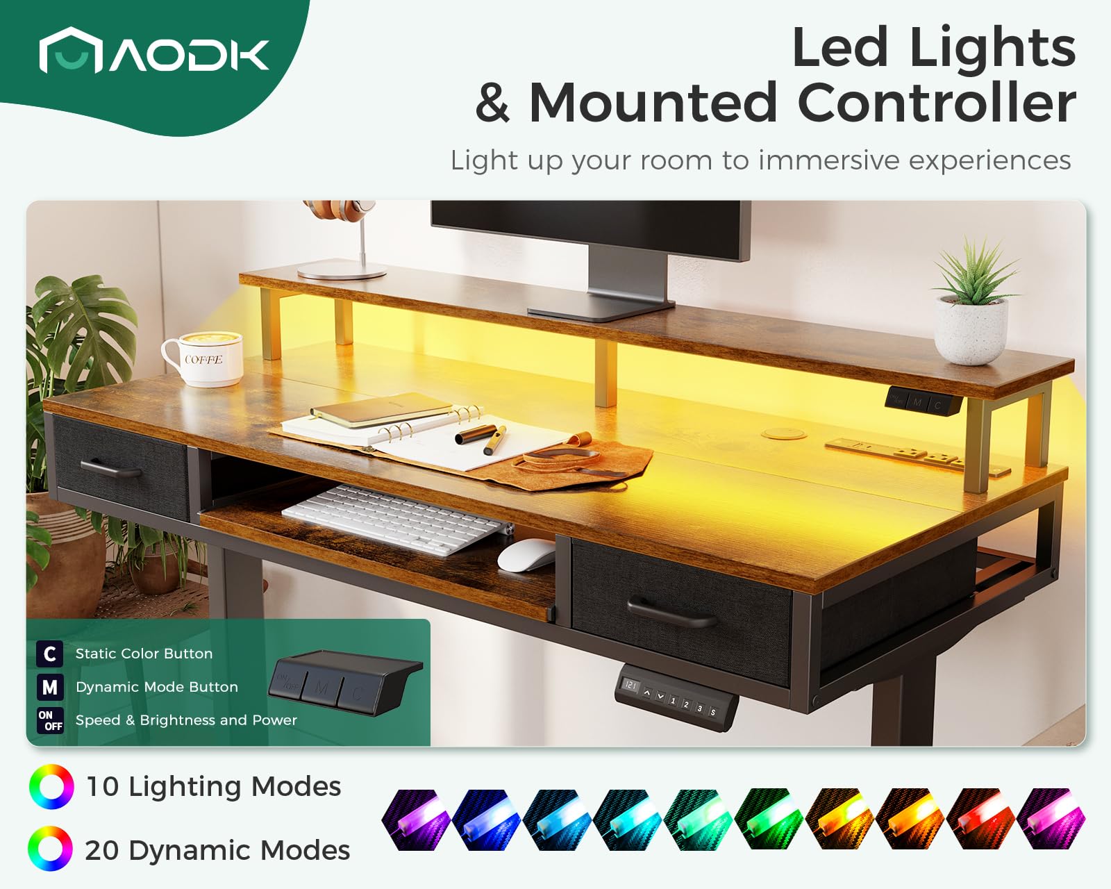 AODK 55 Inch Electric Height Adjustable Standing Desk with Drawers, Keyboard Tray & Power Outlets - Ergonomic Gaming Desk with LED Lights & Monitor Stand for Home Office - Rustic Brown Workspace Solution for Remote Work, Streaming & PC Gaming