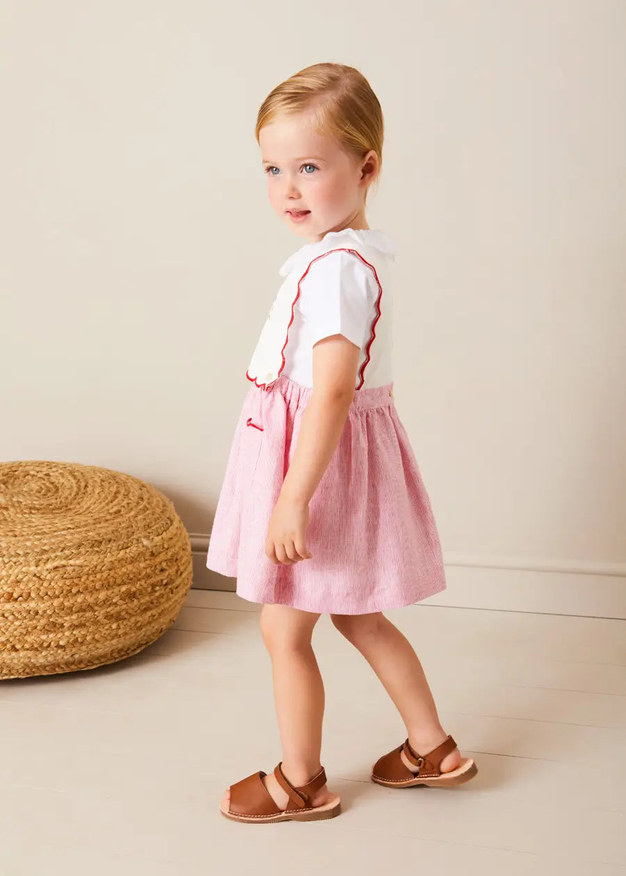 Lawrence Striped Boat Embroidered Scallop Detail Pinafore Skirt for Girls - Red (18 Months to 4 Years) | Perfect for Summer Outfits, Photoshoots & Special Occasions
