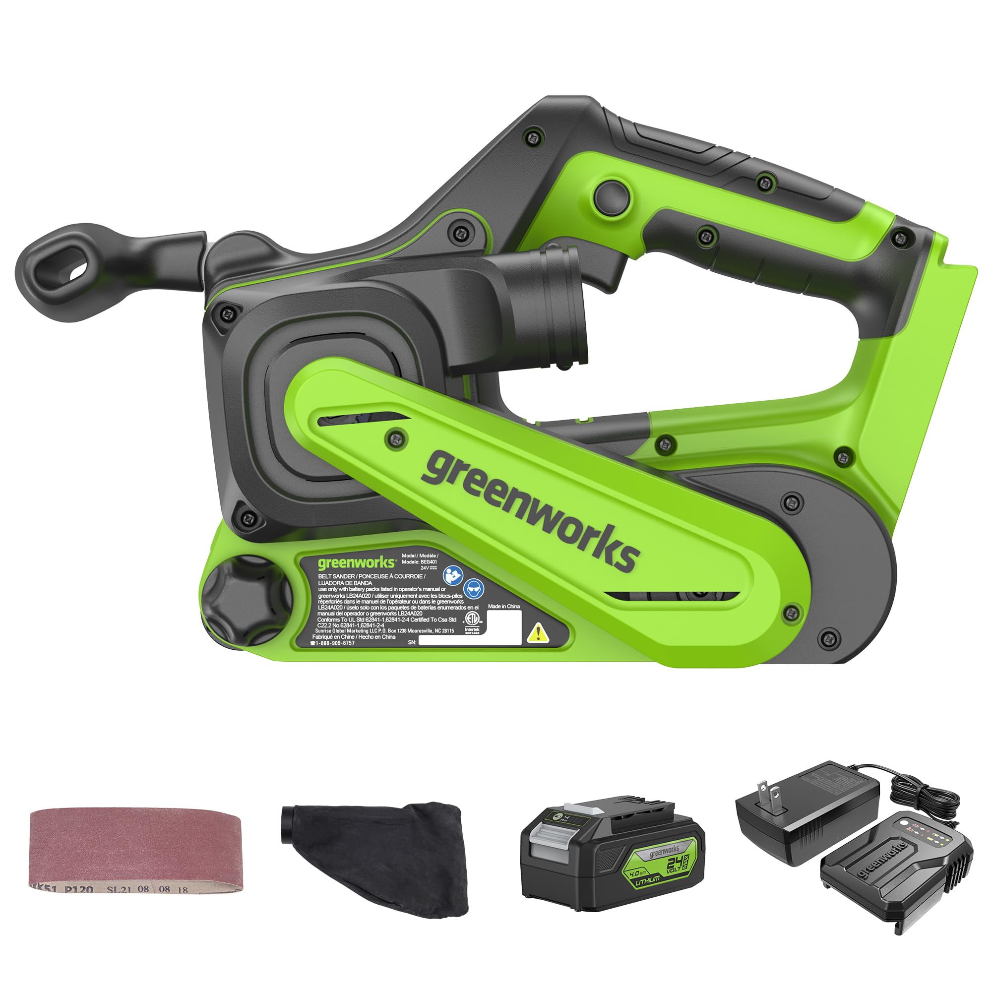 Greenworks 24V Brushless Cordless Belt Sander Kit - 3in x 18in Portable Battery Powered Sander with 4Ah Battery, Charger, Dust Bag & 60 Grit Sandpaper | Ideal for Woodworking, DIY Projects & Home Renovations