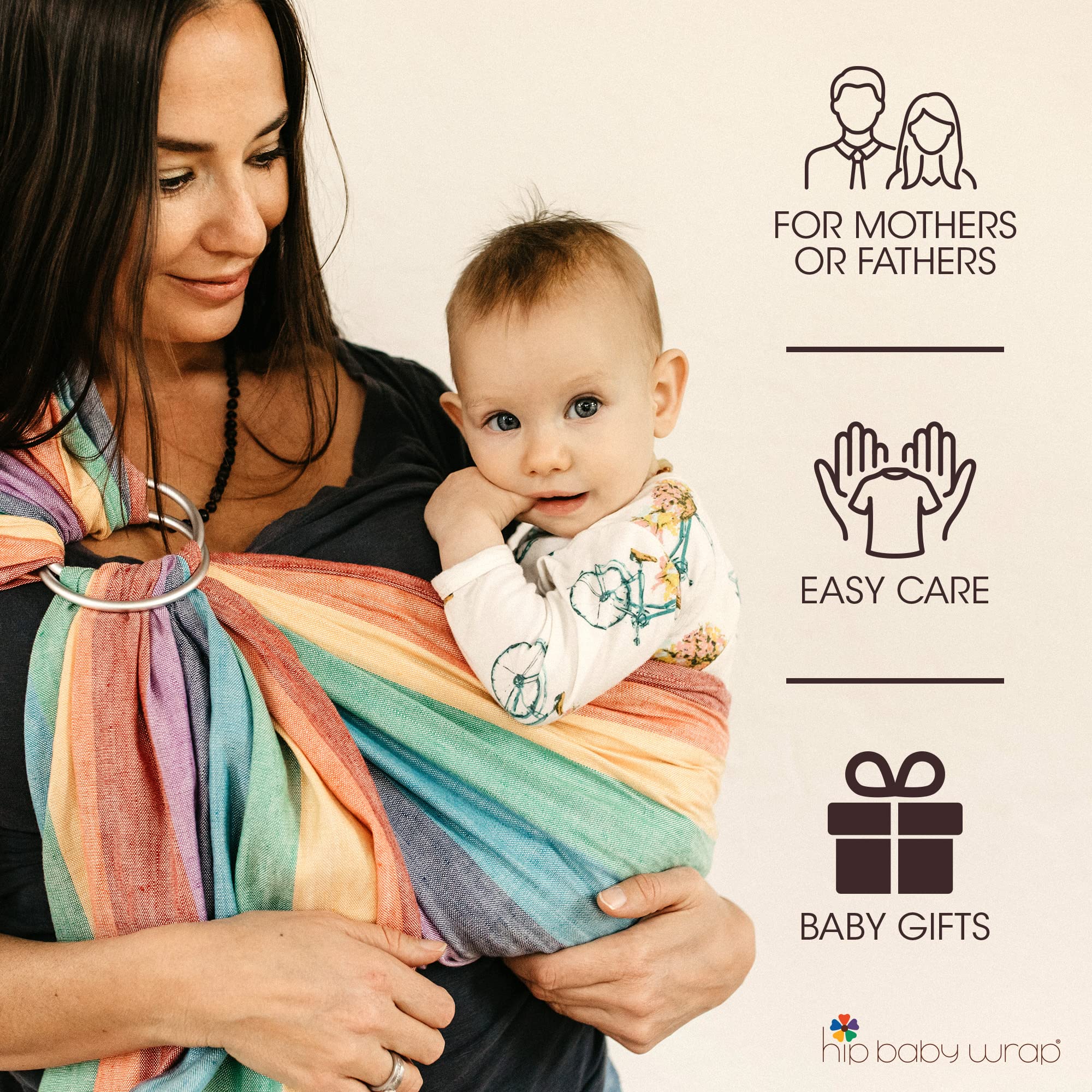Soft Bamboo Linen Baby Wrap Carrier - Adjustable Ring Sling for Newborns to Toddlers, Machine Washable & Natural Plant Dyes | Perfect Baby Shower Gift, Ergonomic Support for Hands-Free Parenting (Rainbow Design)