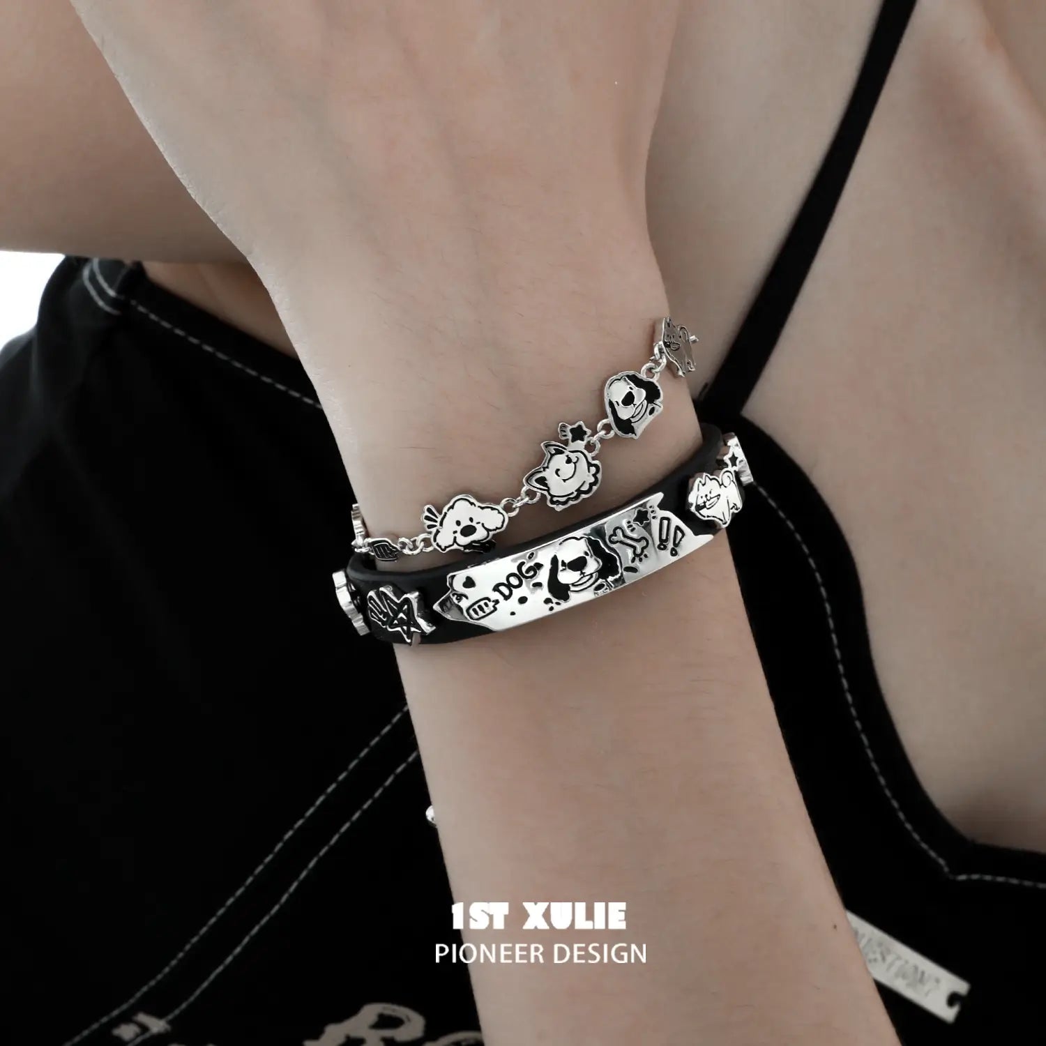 18K Platinum Plated Graffiti Puppy Leather Bracelet for Women & Men - Trendy Punk Rock Jewelry Gift for Birthday, Anniversary & Valentines Day - Perfect for Concerts, Parties & Streetwear Fashion
