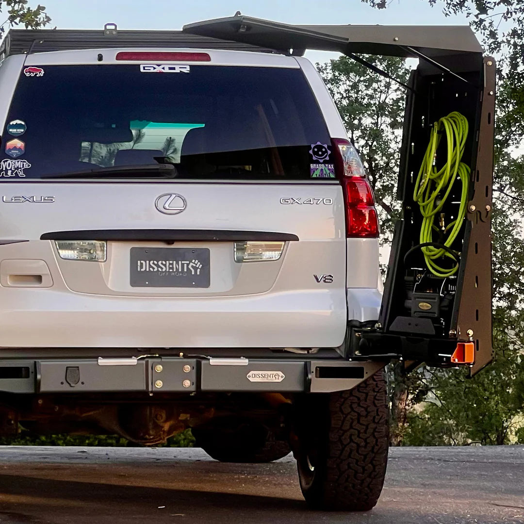 Dissent Off Road Overland Pro Swing Out for Modular Rear Bumper - Heavy Duty Spare Tire Carrier & Gear Rack for Jeep Wrangler & Gladiator - Perfect for Off-Roading & Overland Adventures