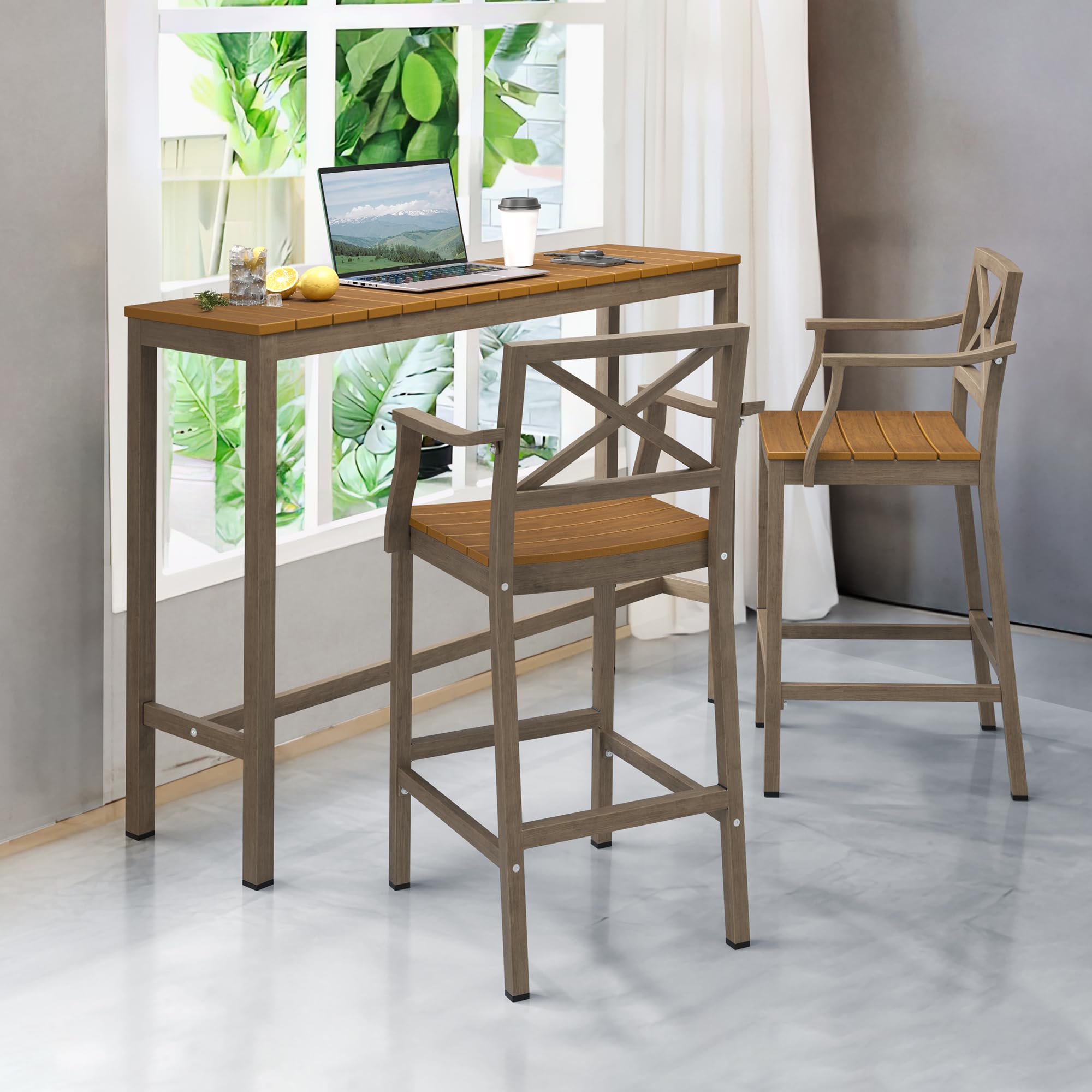 Outdoor Bar Height Table and Chairs Set - 3 Piece Patio Pub Bar Set with 55