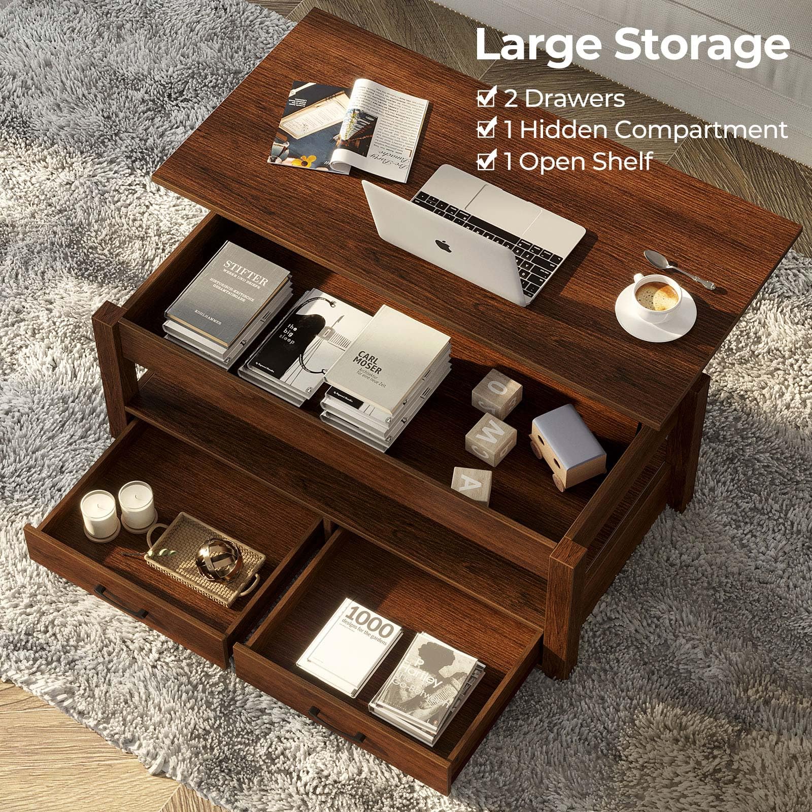 Rolanstar Lift Top Coffee Table with Drawers & Hidden Storage - Retro Wooden Lift-Top Center Table for Living Room, Espresso Finish - Perfect for Small Spaces & Entertaining Guests