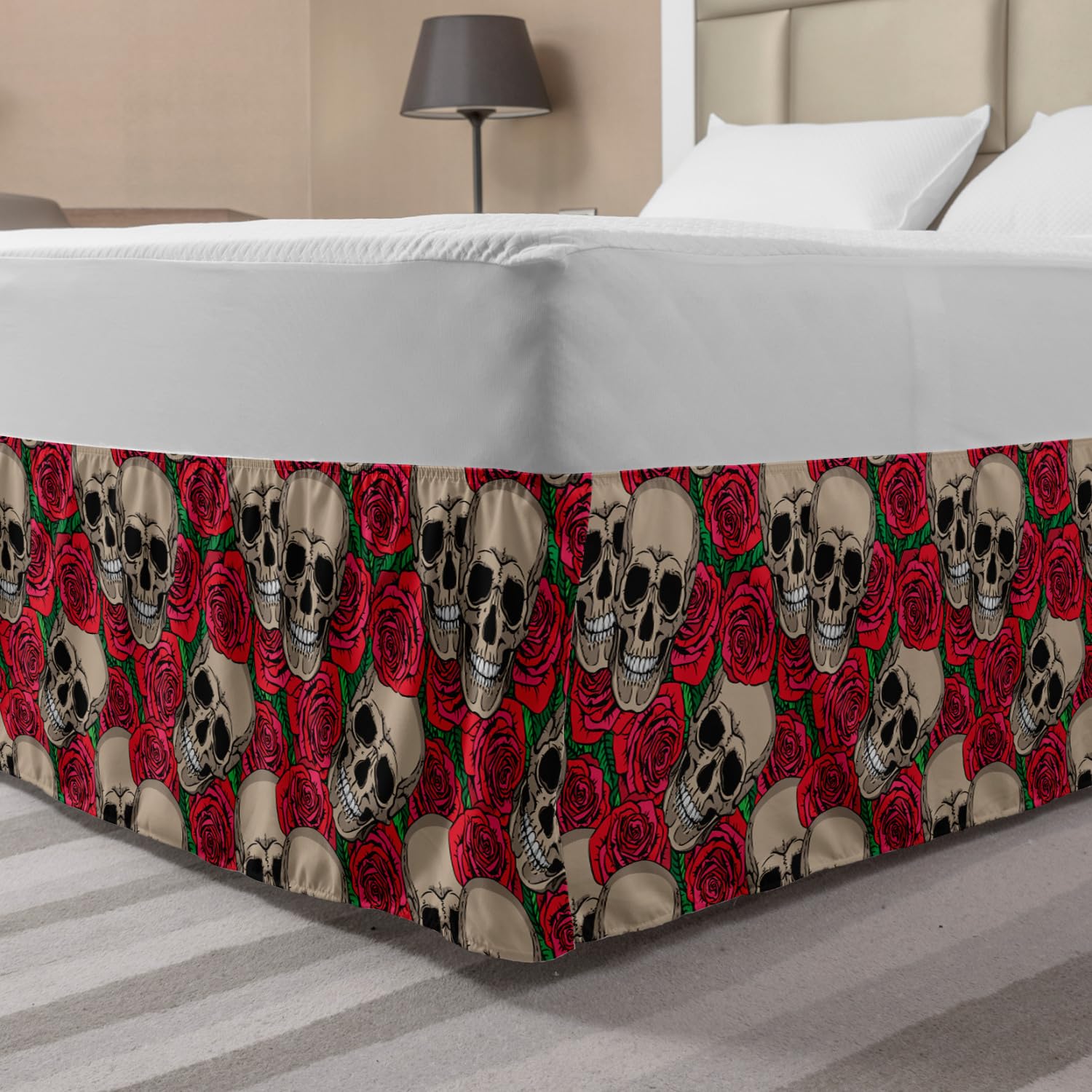 Ambesonne Elastic Bed Skirt - Gothic Rose & Skull Design, Halloween Inspired Retro Pattern, Wrap Around Dust Ruffle for Queen Size Beds (Vermilion/Tan/Green) | Perfect for Gothic Bedroom Decor & Themed Halloween Parties
