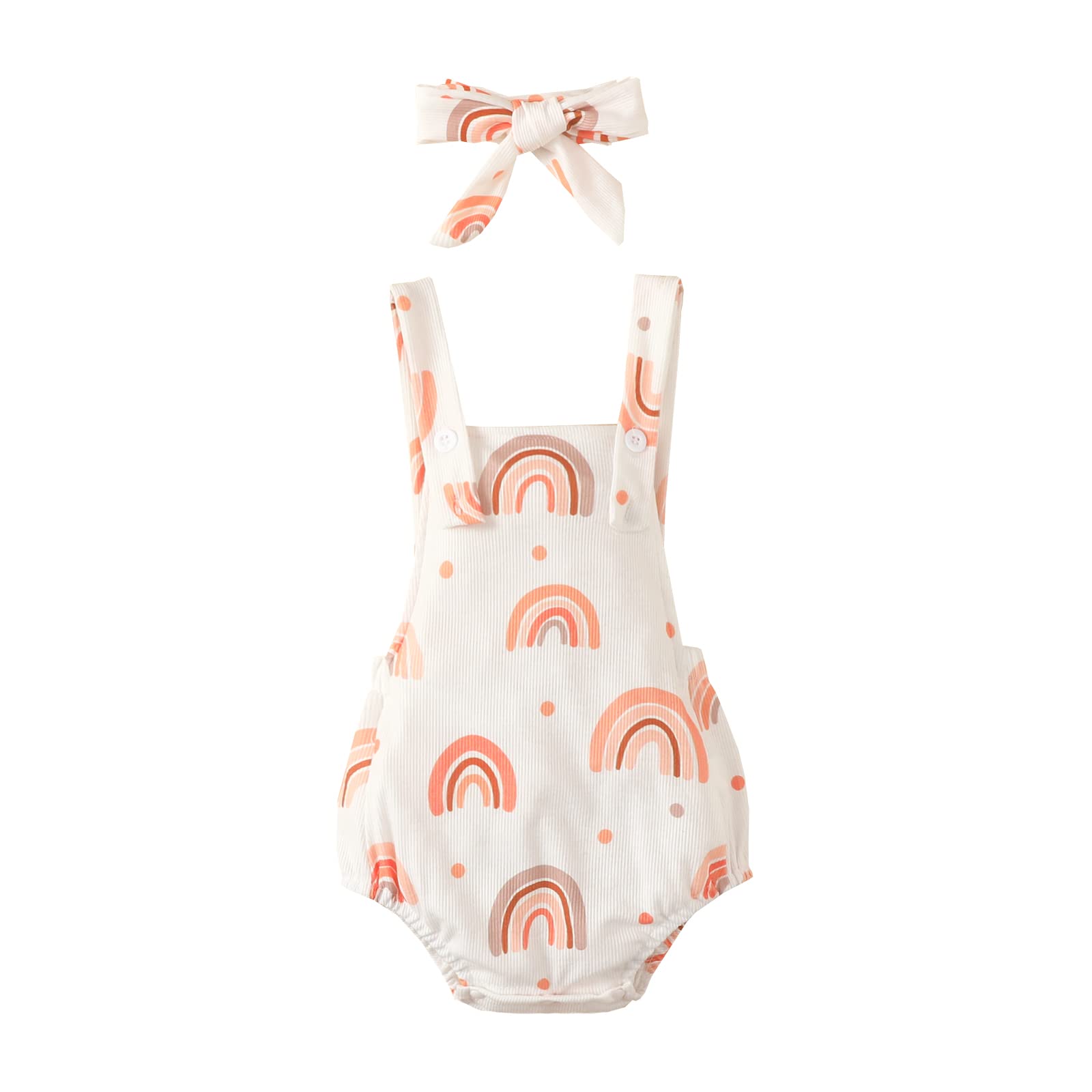 Baby Romper for Newborn Girls - Sleeveless Backless Rainbow Print Ribbon Cotton Jumpsuit with Matching Headband (2-Piece Set) | Soft Summer Outfit for Photoshoots, Beach Trips & Playdates