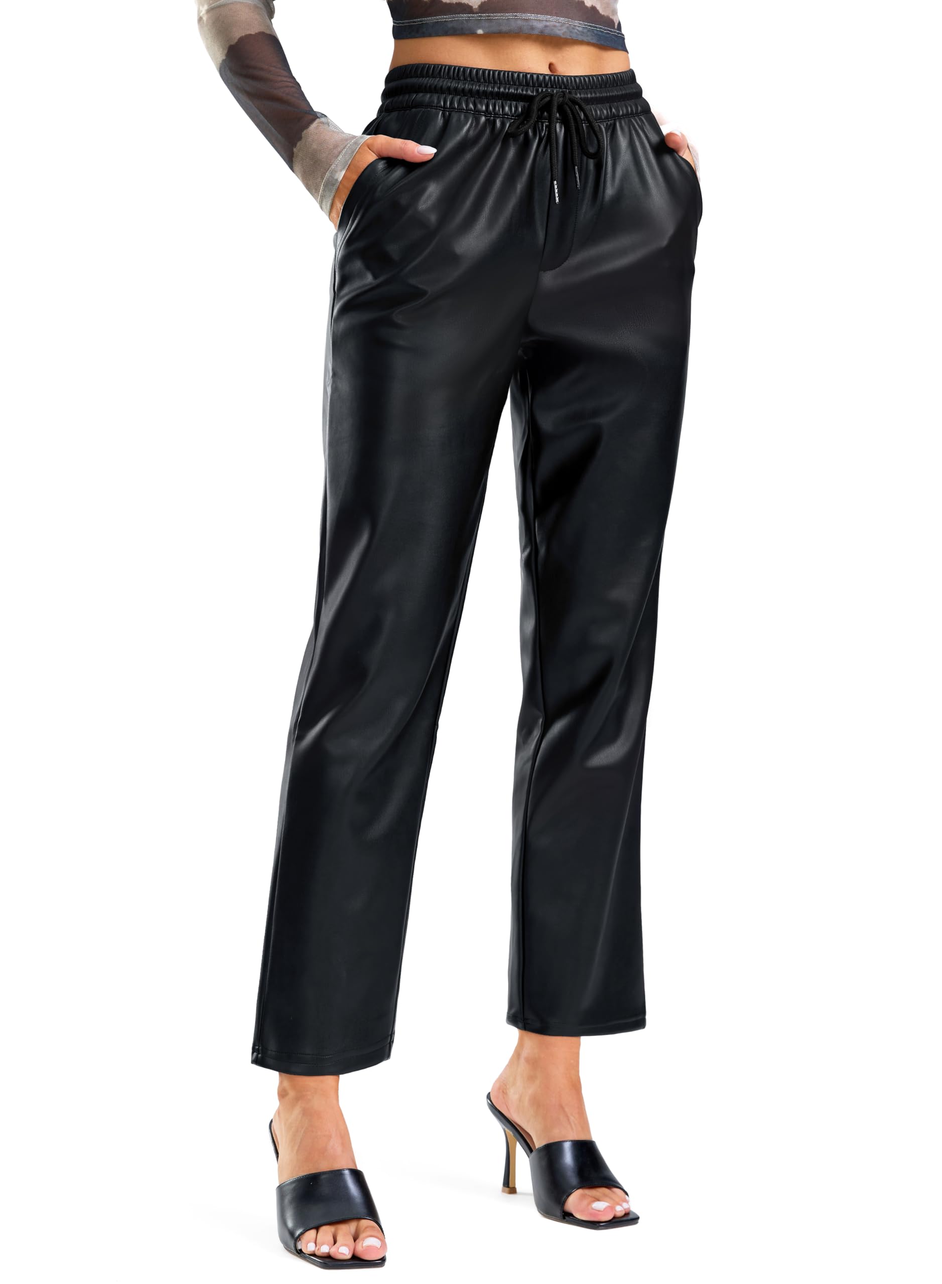 SANTINY Women's Faux Leather Pants - High Waisted Straight Leg Vegan Pleather Trousers | Matte Black Cropped Ankle Pants for Women | Perfect for Office, Night Out & Casual Wear