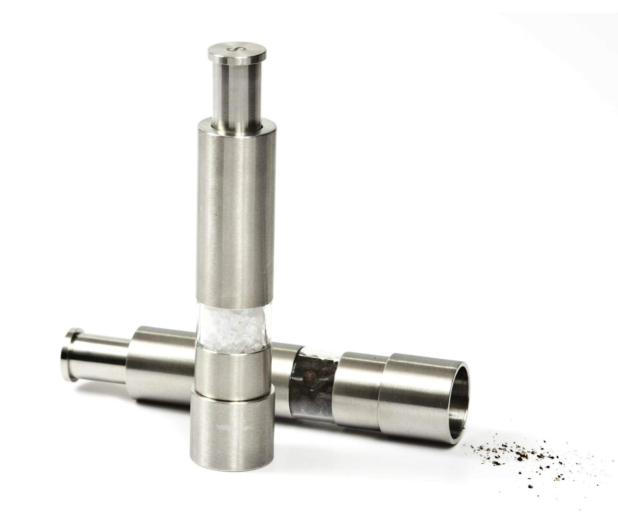 Premium Salt and Pepper Grinder Set - Refillable Manual Pump & Grind Mill with Thumb Press - Ideal for Kitchen, Dining Table & Gourmet Cooking