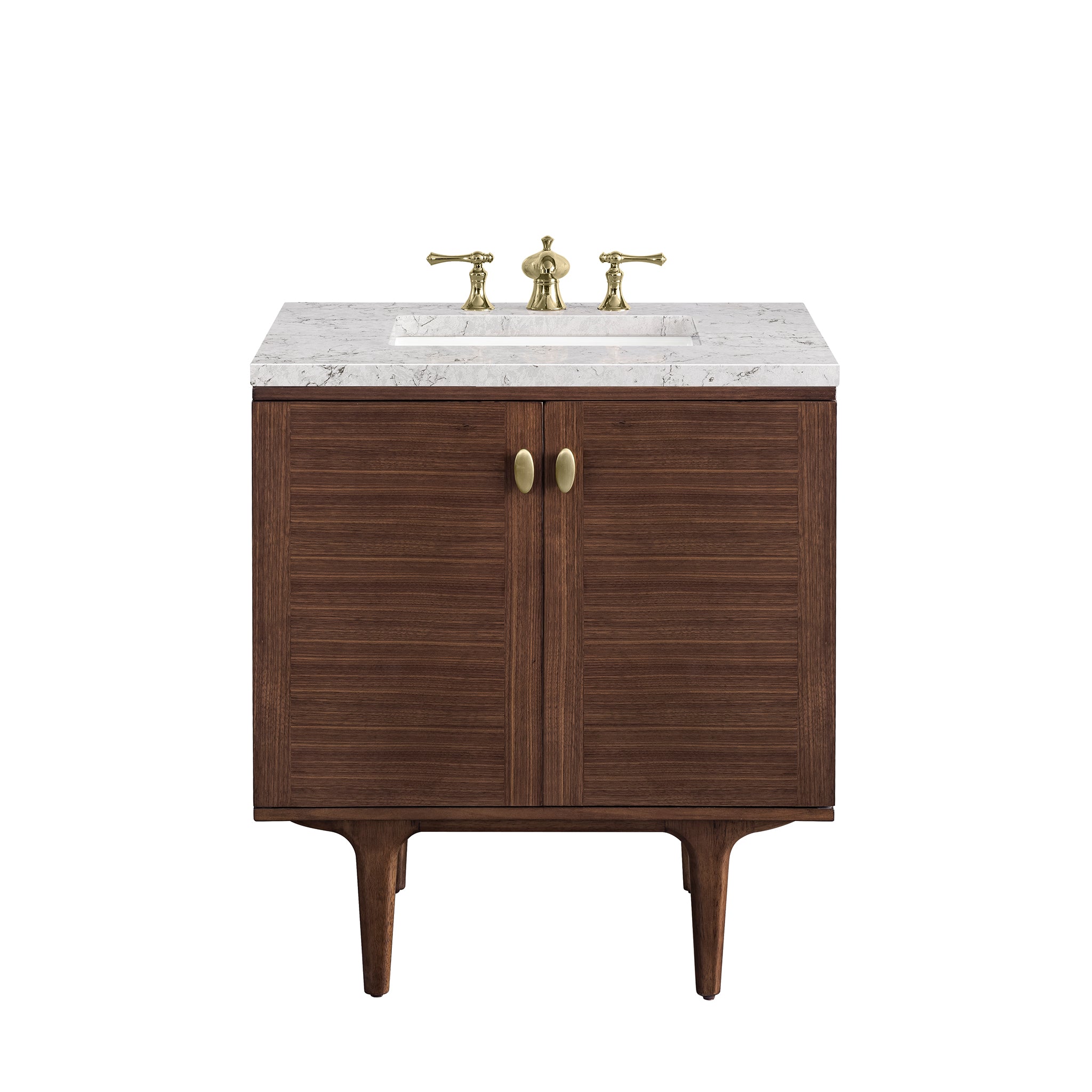 Amberly 30 Inch Single Vanity with Walnut Finish & 3CM Eternal Jasmine Pearl Top - Mid Century Modern Bathroom Vanity for Small Spaces, Powder Rooms & Guest Baths
