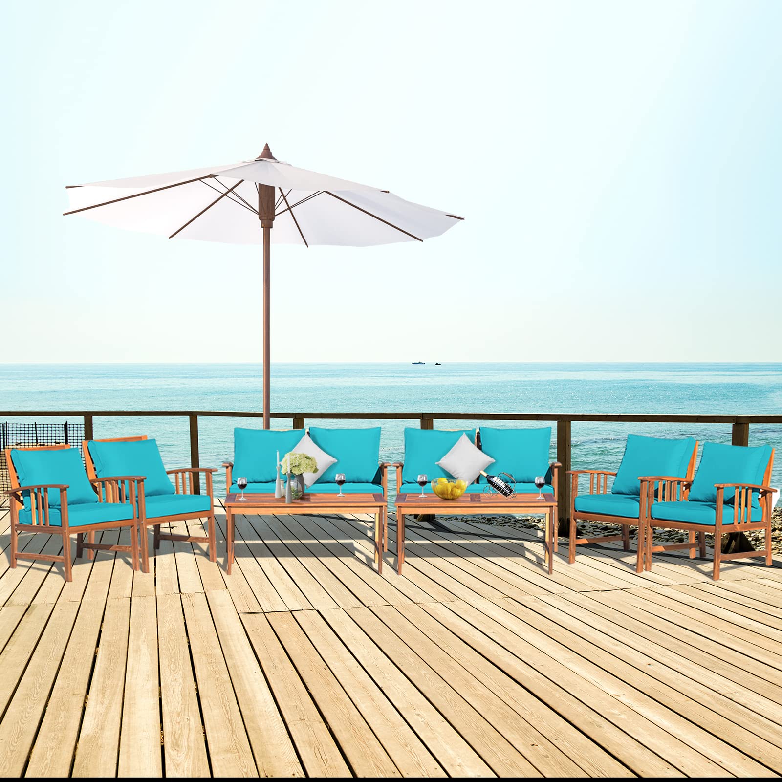 Tangkula 8-Piece Acacia Wood Outdoor Patio Furniture Set with Gray Cushions & Back Pillows - Garden, Backyard, Poolside Conversation Set with Coffee Table - Perfect for Outdoor Entertaining, Relaxing, and Lounging