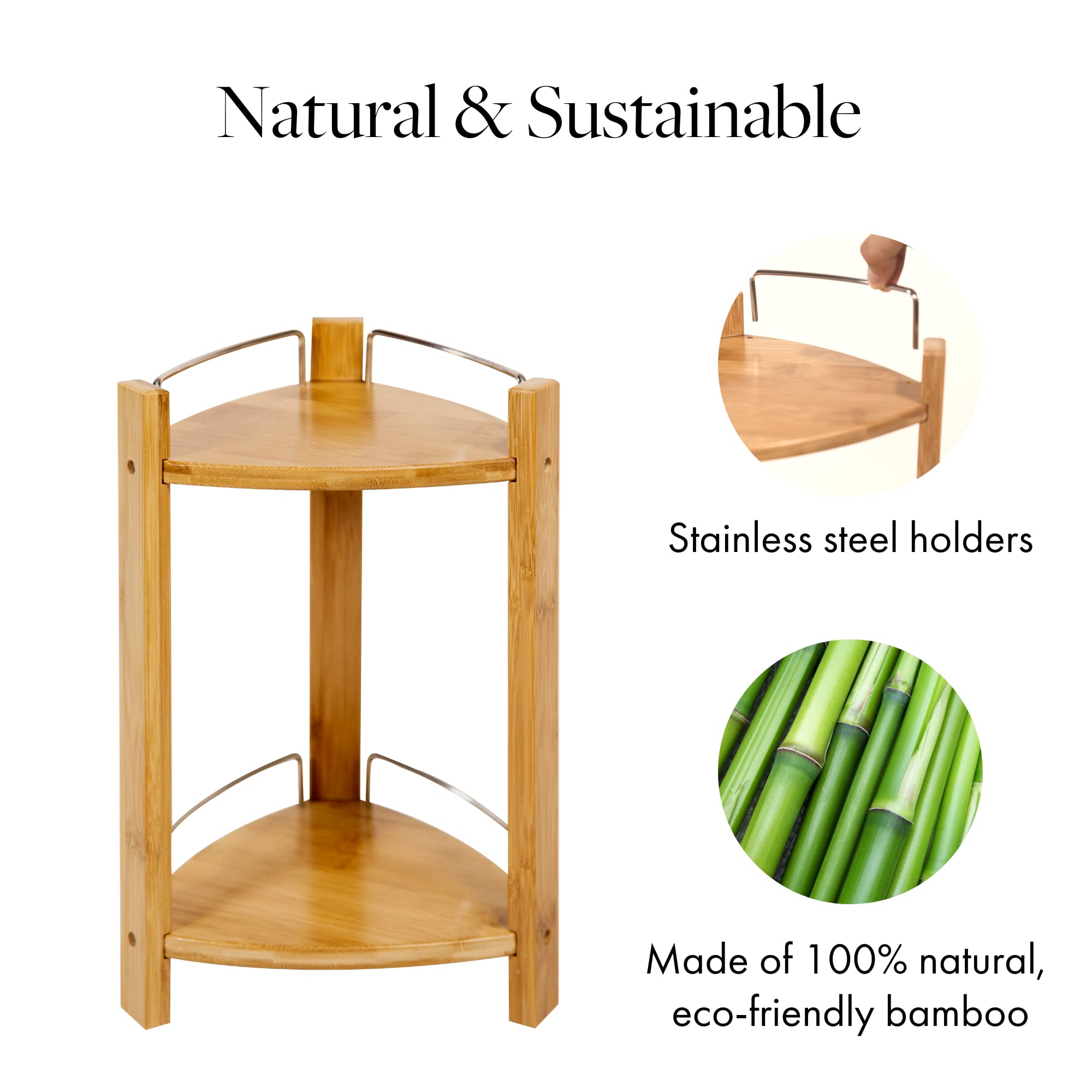 GOBAM Bamboo Shower Corner Caddy - 2 Tier Standing Shower Organizer for Shampoo, Conditioner, Soap & Beauty Products - Bathroom Storage Shelf for Kitchen, Bedroom or Office - Perfect for Small Spaces & Clutter-Free Showers