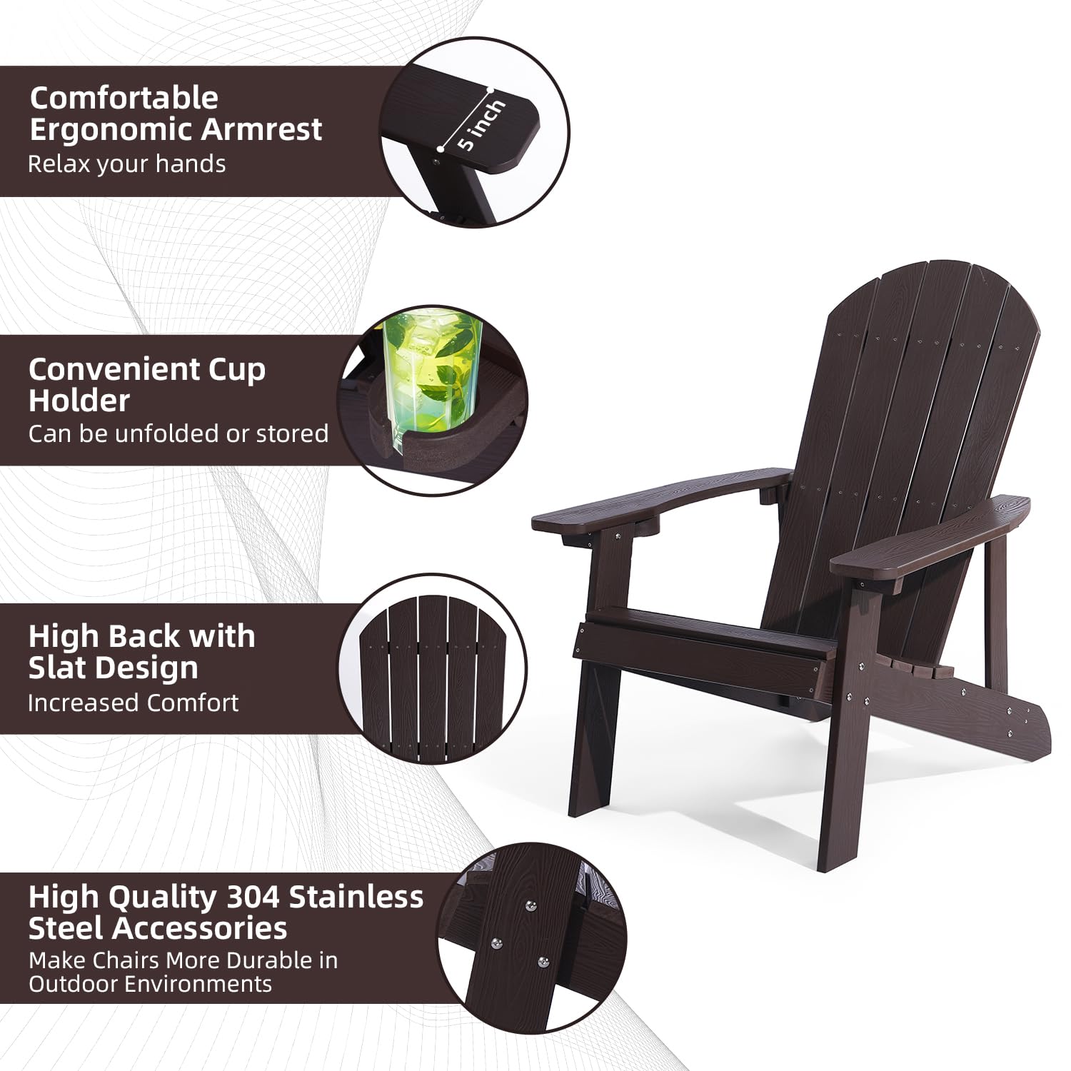 2-Piece Adirondack Chairs Set - All-Weather Resistant Plastic Outdoor Chairs with Cup Holder | Easy 5-Step Assembly | Perfect for Patio, Garden, Backyard, Deck, Lawn & Fire Pit | Brown (Great for Relaxing, Sunbathing, and Outdoor Entertaining)