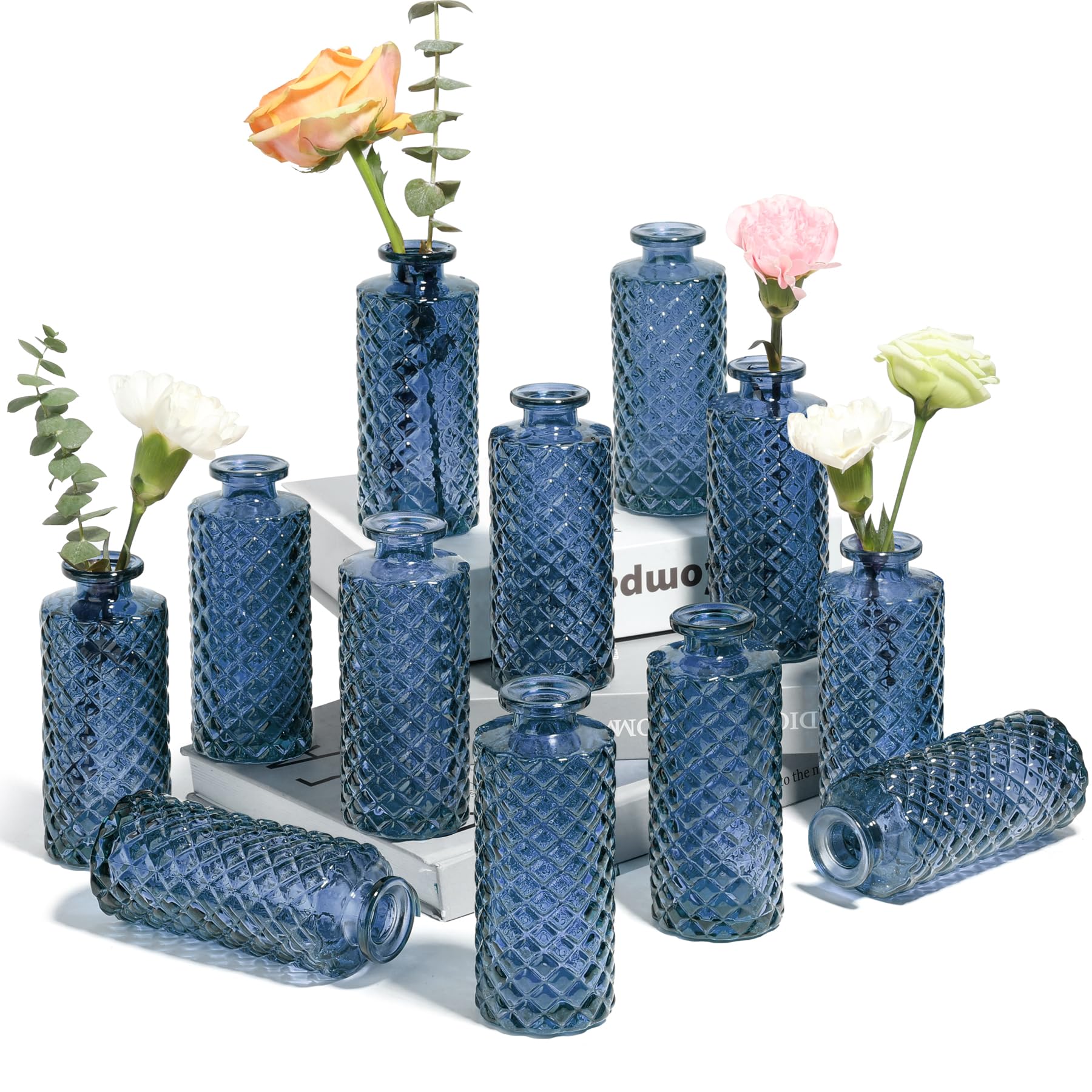 ComSaf Glass Bud Vases Set of 12 - Small Diamond Cut Mini Flower Vases for Wedding Centerpieces, Table Decor, Home & Housewarming Gifts (Grey Blue) | Perfect for Wedding Receptions, Dining Tables & Rustic Home Decor