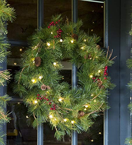 Plow & Hearth Battery-Powered LED Outdoor Holiday Wreath with Auto Timer - Perfect for Christmas, Front Door, Porch & Patio Decorations