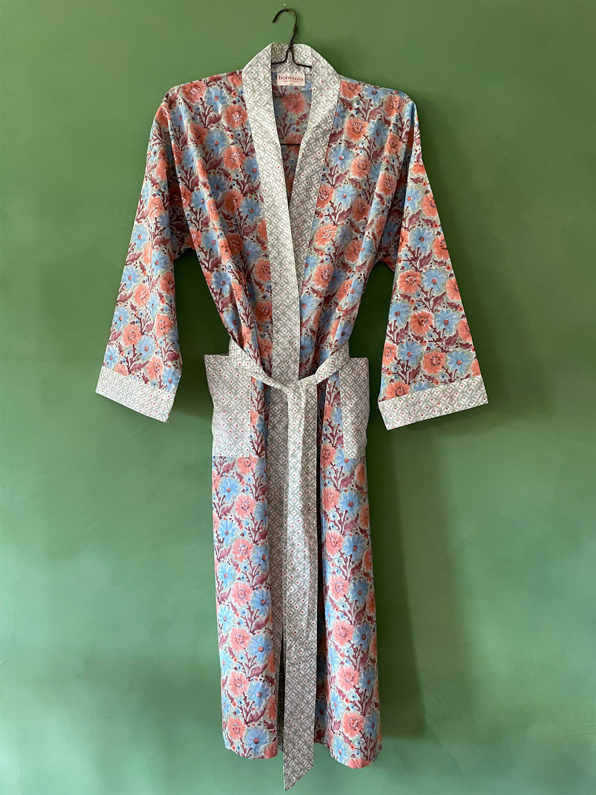 Handmade Block Print Cotton Robe in Duck Egg Blue - Soft & Breathable Loungewear for Women - Perfect for Spa Days, Yoga, and Relaxation at Home