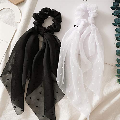 SCRMROIA 3 Pack Polka Dot Daisy Flower Hair Scarf Scrunchies - Satin Silk Long Tail Bowknot Hair Bands, Elastic Ponytail Holders for Women & Girls | Perfect for School, Work, Parties & Everyday Styling (Style 1)
